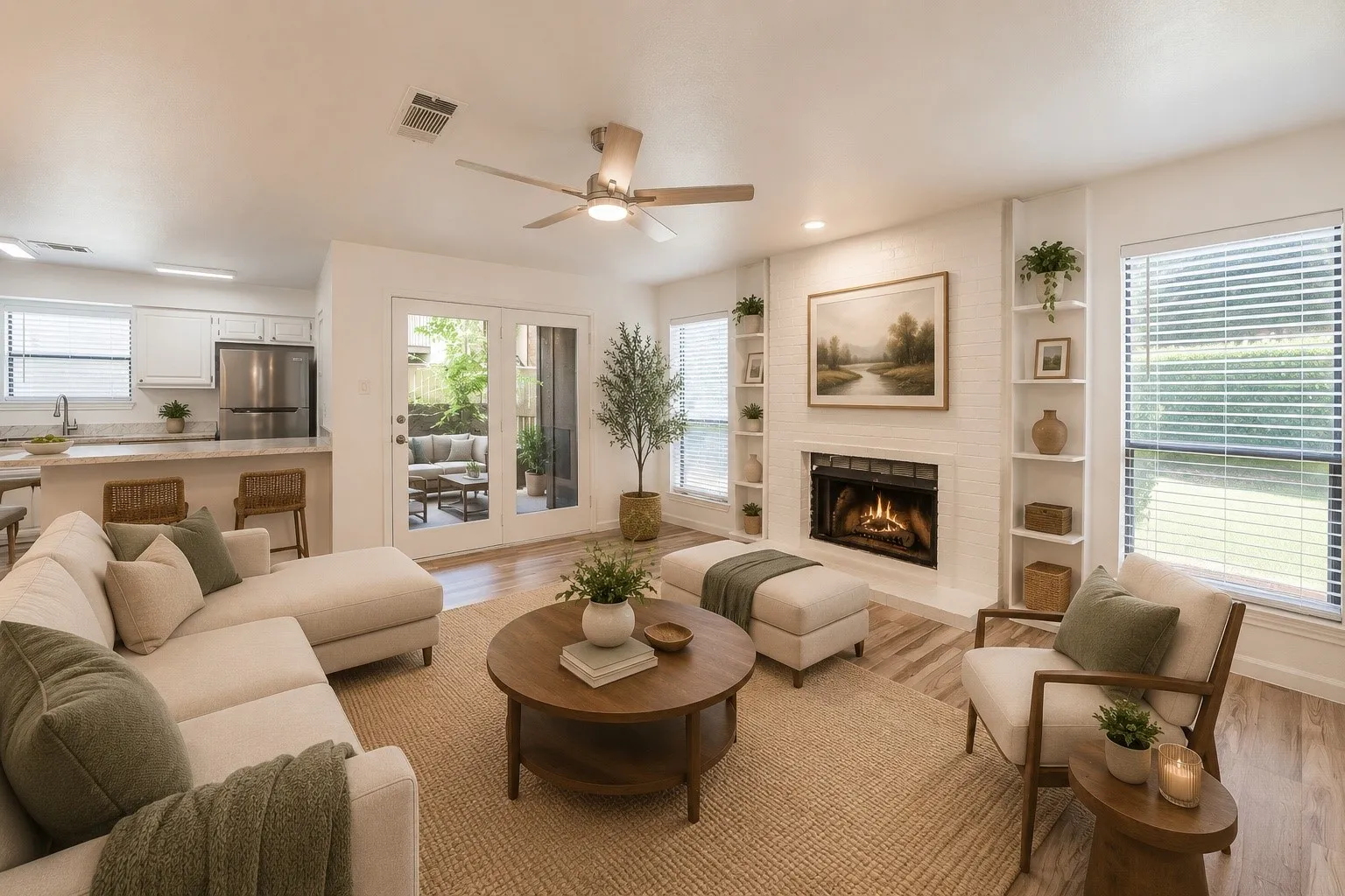 Living area featuring a white brick fireplace with built-in shelving, wood-finish flooring, and a ceiling fan