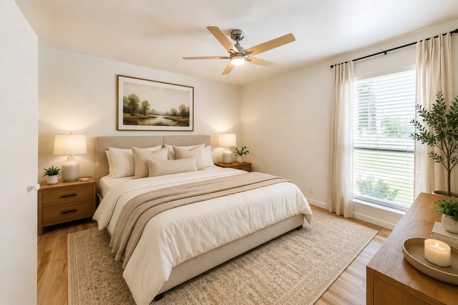 AI Staged bedroom featuring wood-finish flooring, a contemporary ceiling fan with wood-tone blades, a large window with blinds, and recessed lighting