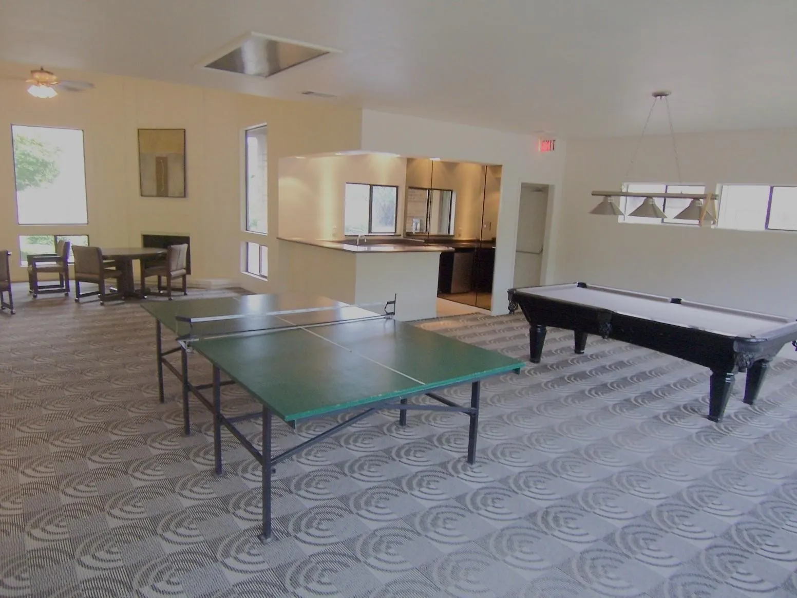 Recreational room with patterned carpeting, a built-in wet bar, and a rectangular light fixture