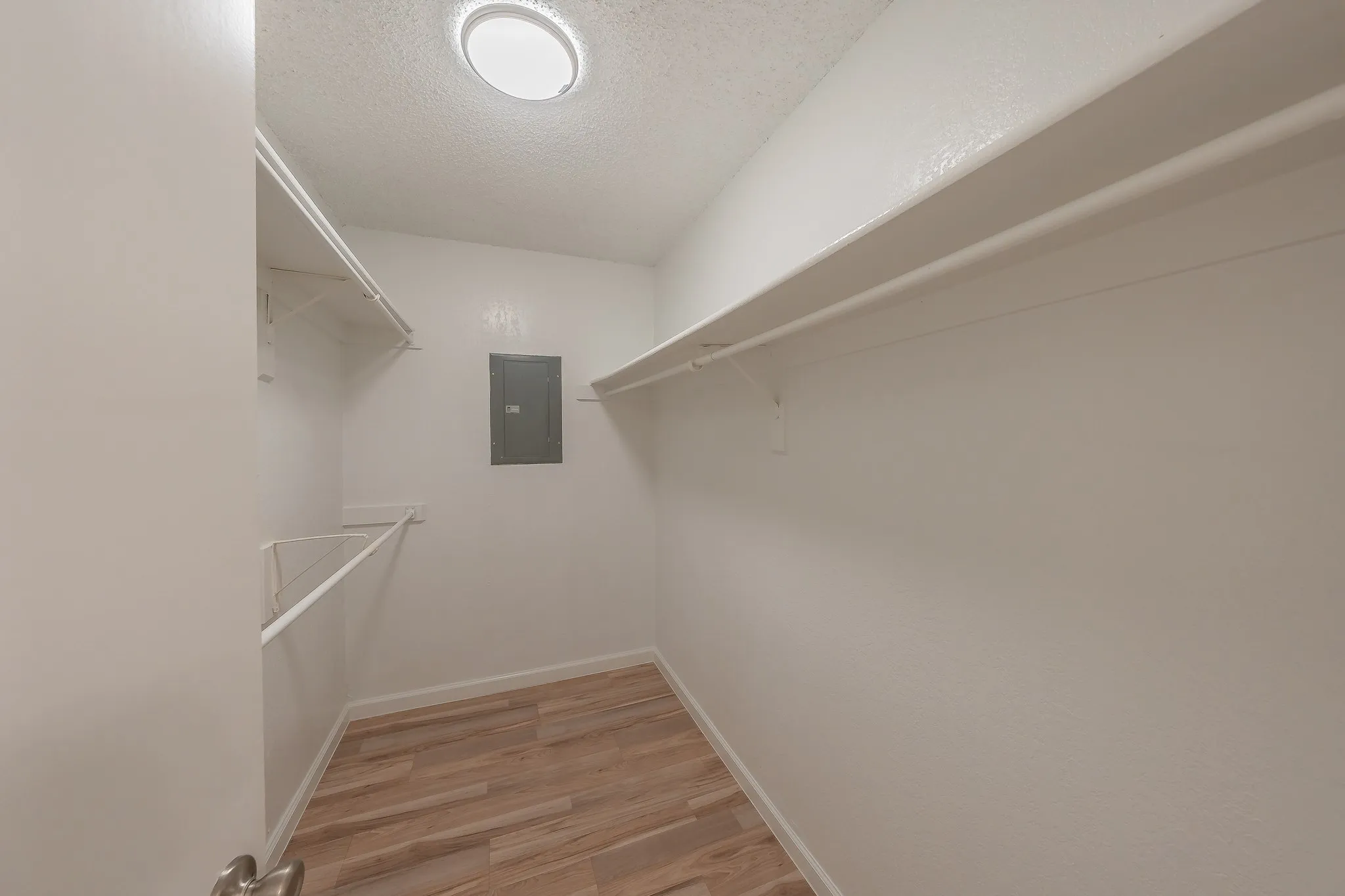 Spacious walk-in closet featuring wood-finish flooring, white walls, built-in shelving, and a ceiling-mounted light fixture
