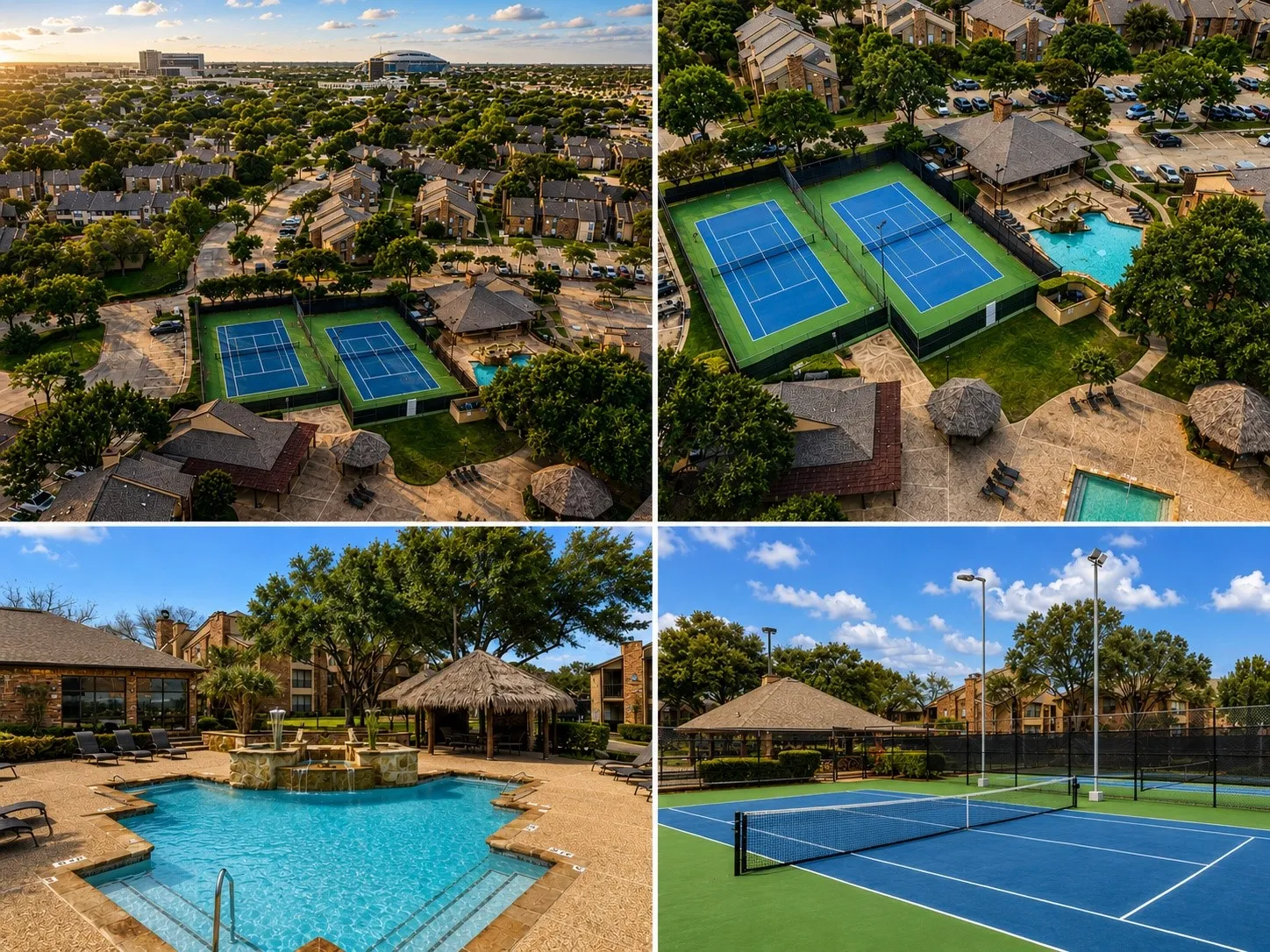Tennis and pickle ball courts with 2 pools and a hot tub.