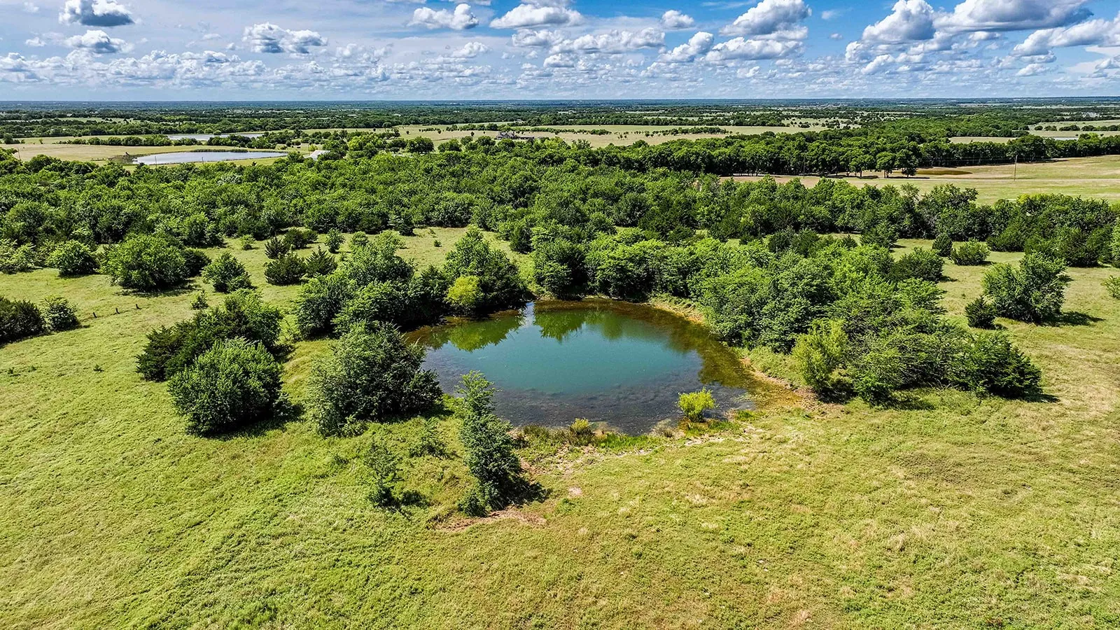 Expansive agricultural land featuring a natural pond surrounded by varied green foliage, open grassy fields, and distant tree lines
