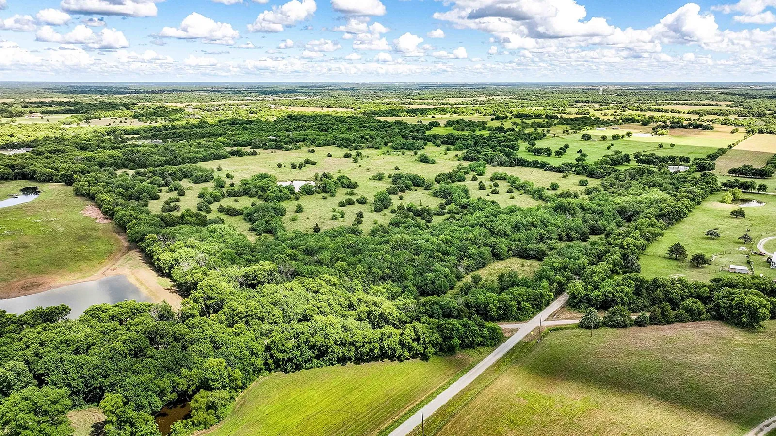 Expansive undeveloped land featuring mature trees, open pastures, a pond, and a paved road