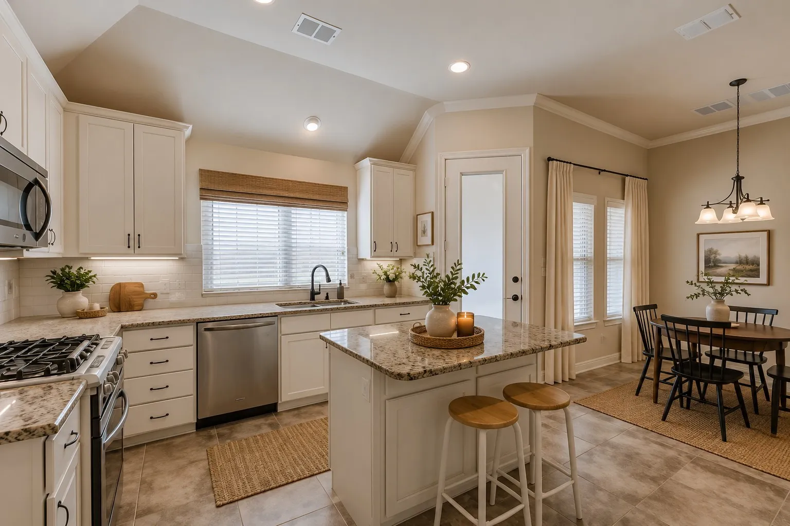 Contemporary kitchen featuring white cabinetry and granite countertops
