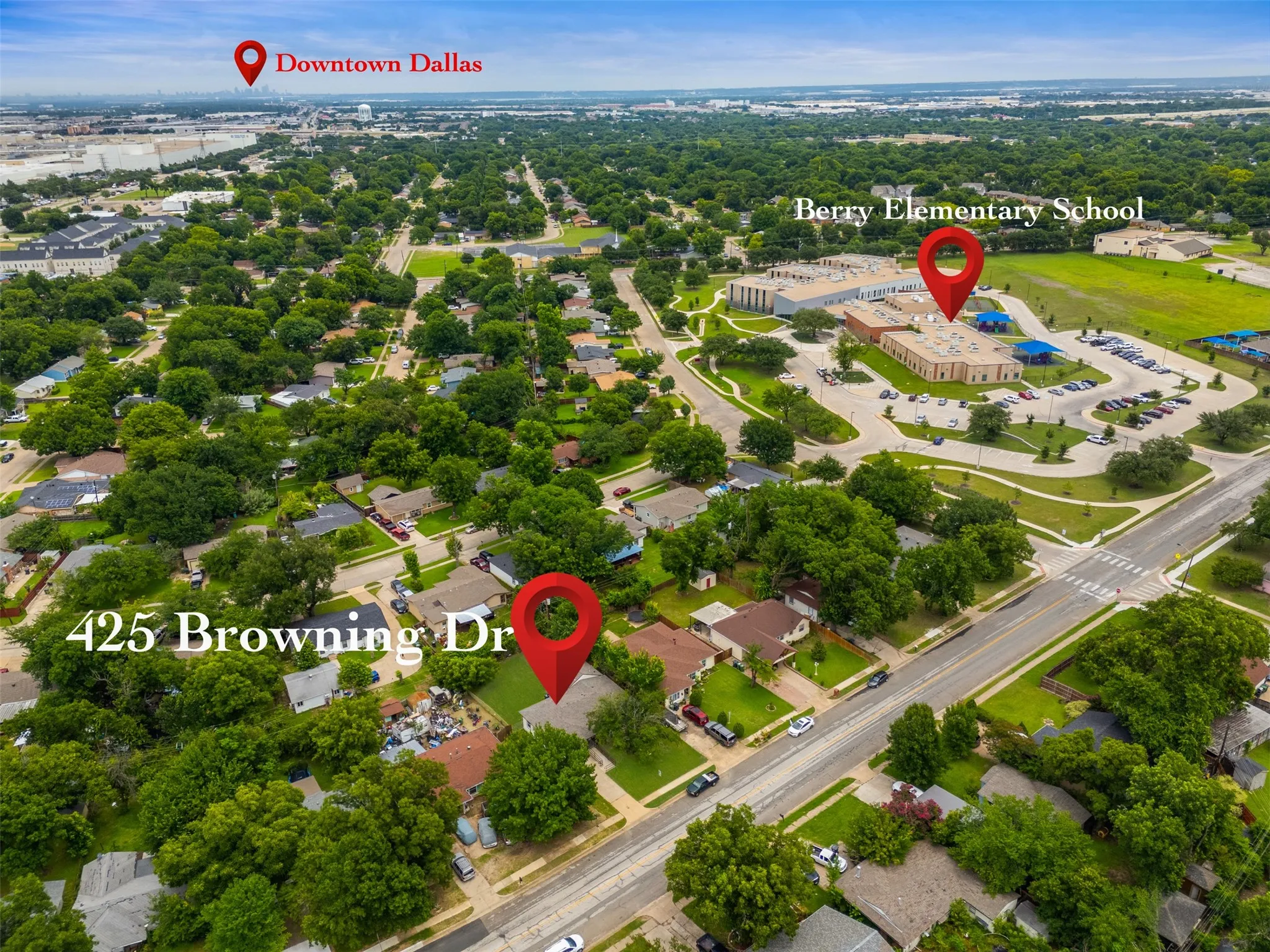 Aerial perspective highlighting a residential street and surrounding neighborhood