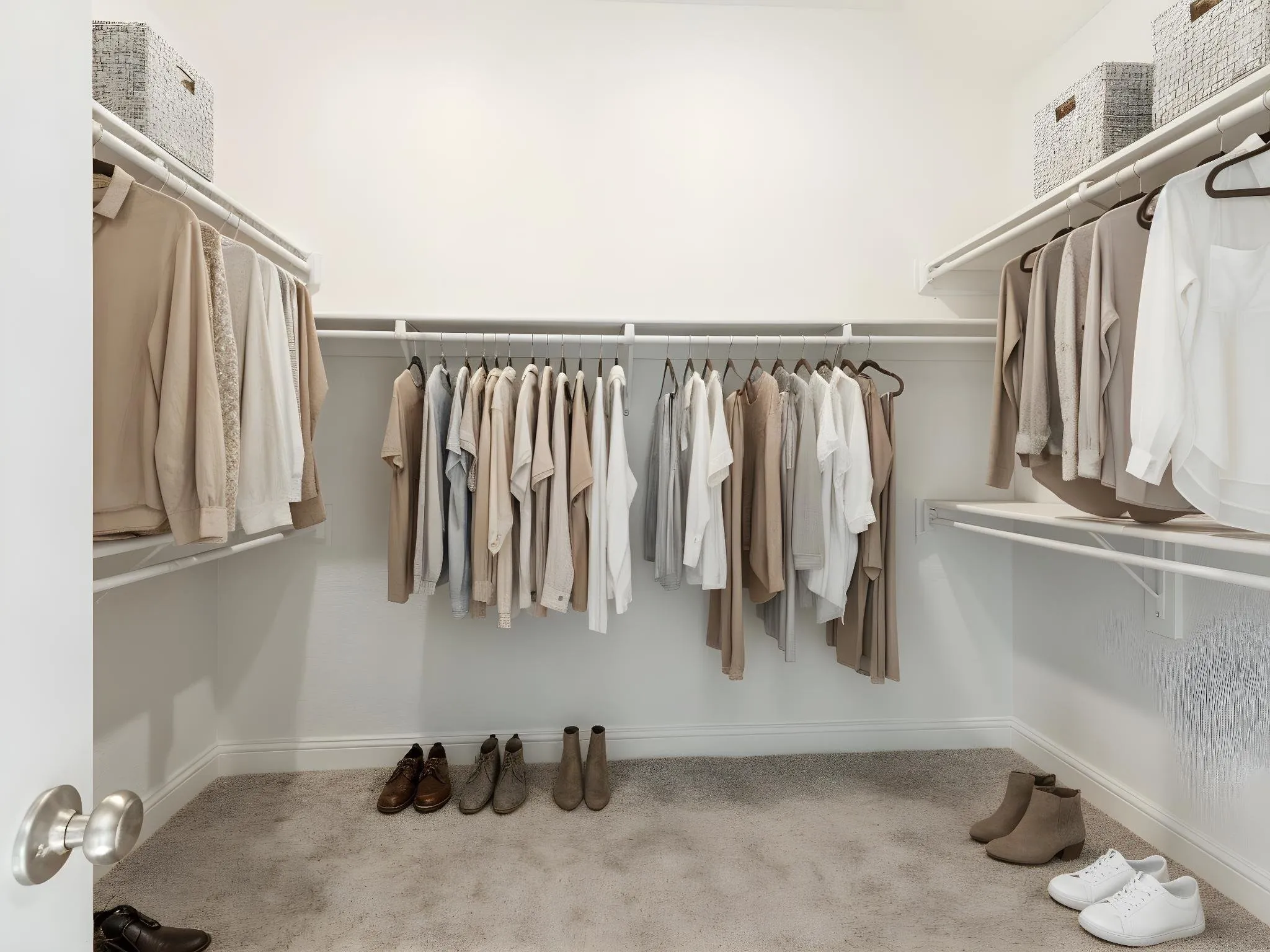 Walk-in closet featuring plush gray carpeting, white wire shelving, and multiple hanging rods
