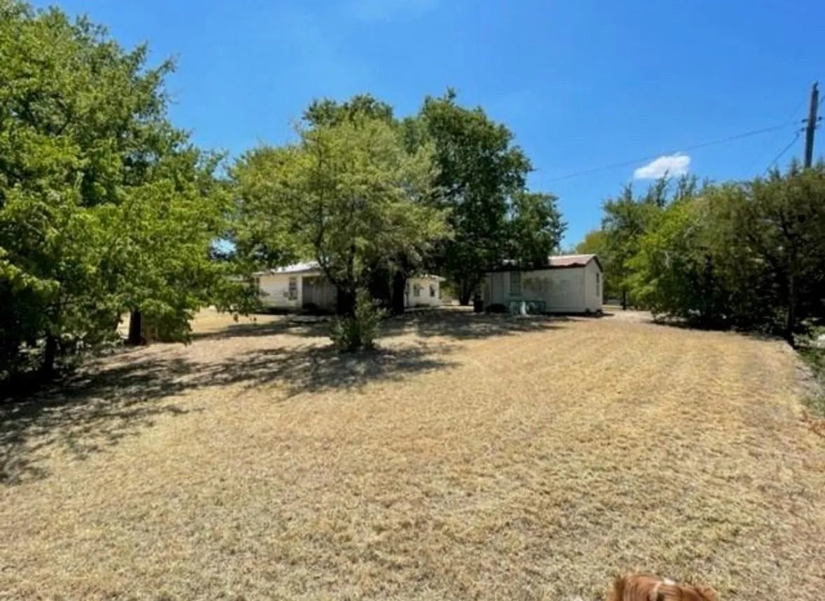 Expansive outdoor area featuring mature trees and a detached structure