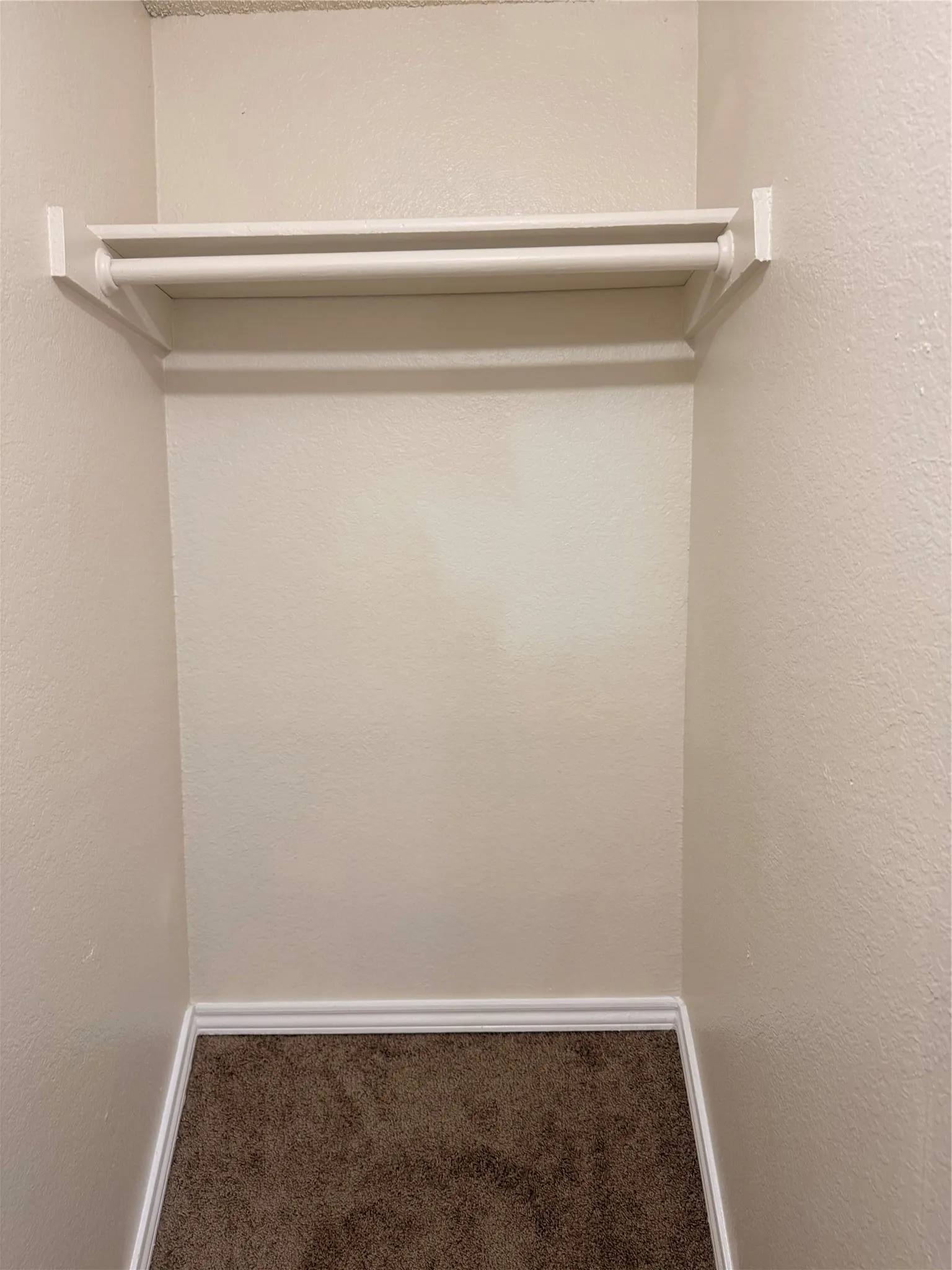 Interior closet space featuring a dual-rod hanging system, white trim, and neutral-toned textured walls above brown carpet flooring
