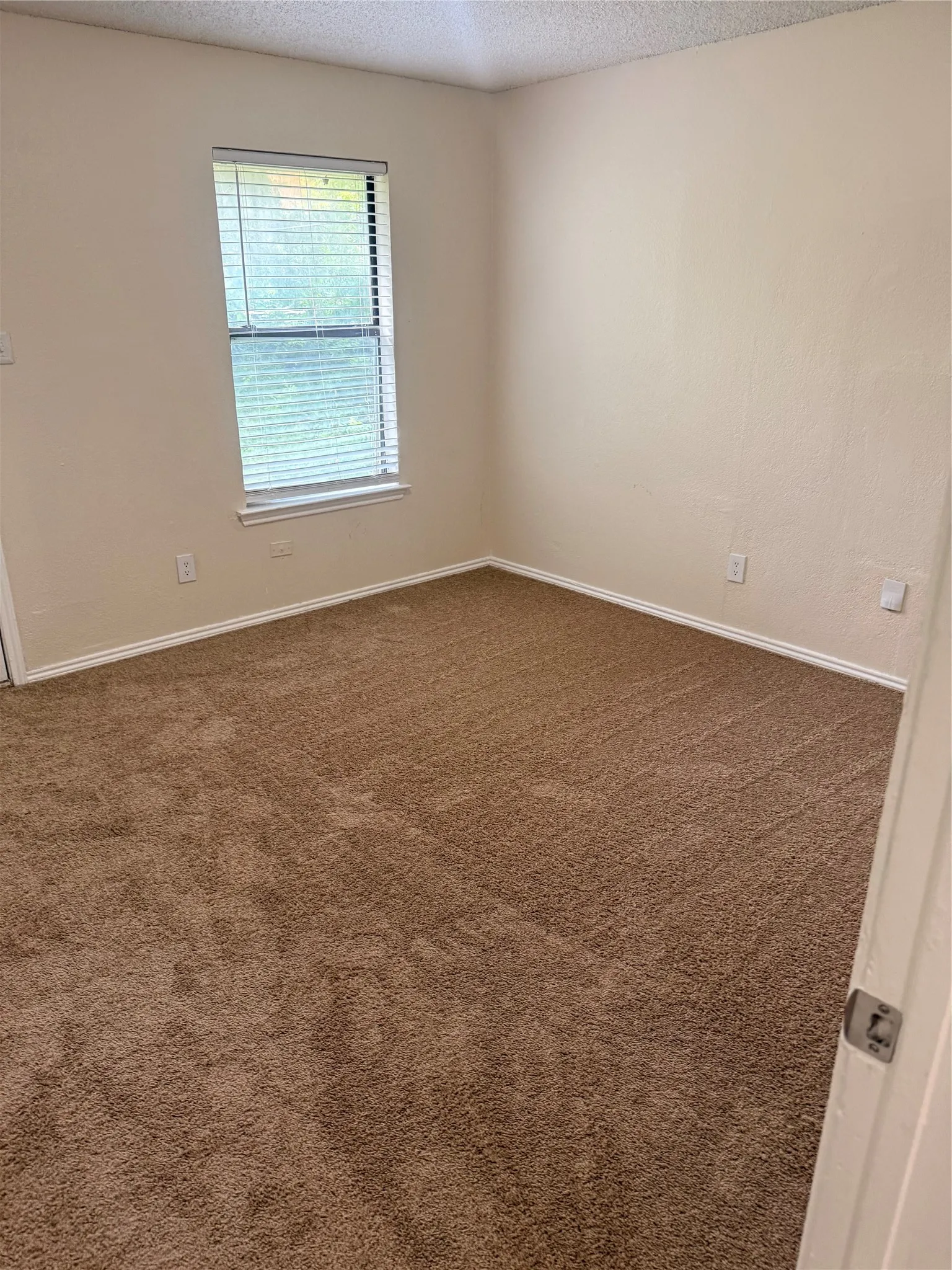 Carpeted room with neutral walls, white trim, and a window featuring blinds