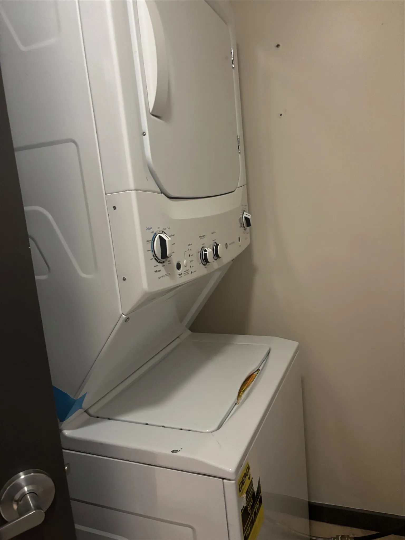 Stackable white laundry appliances