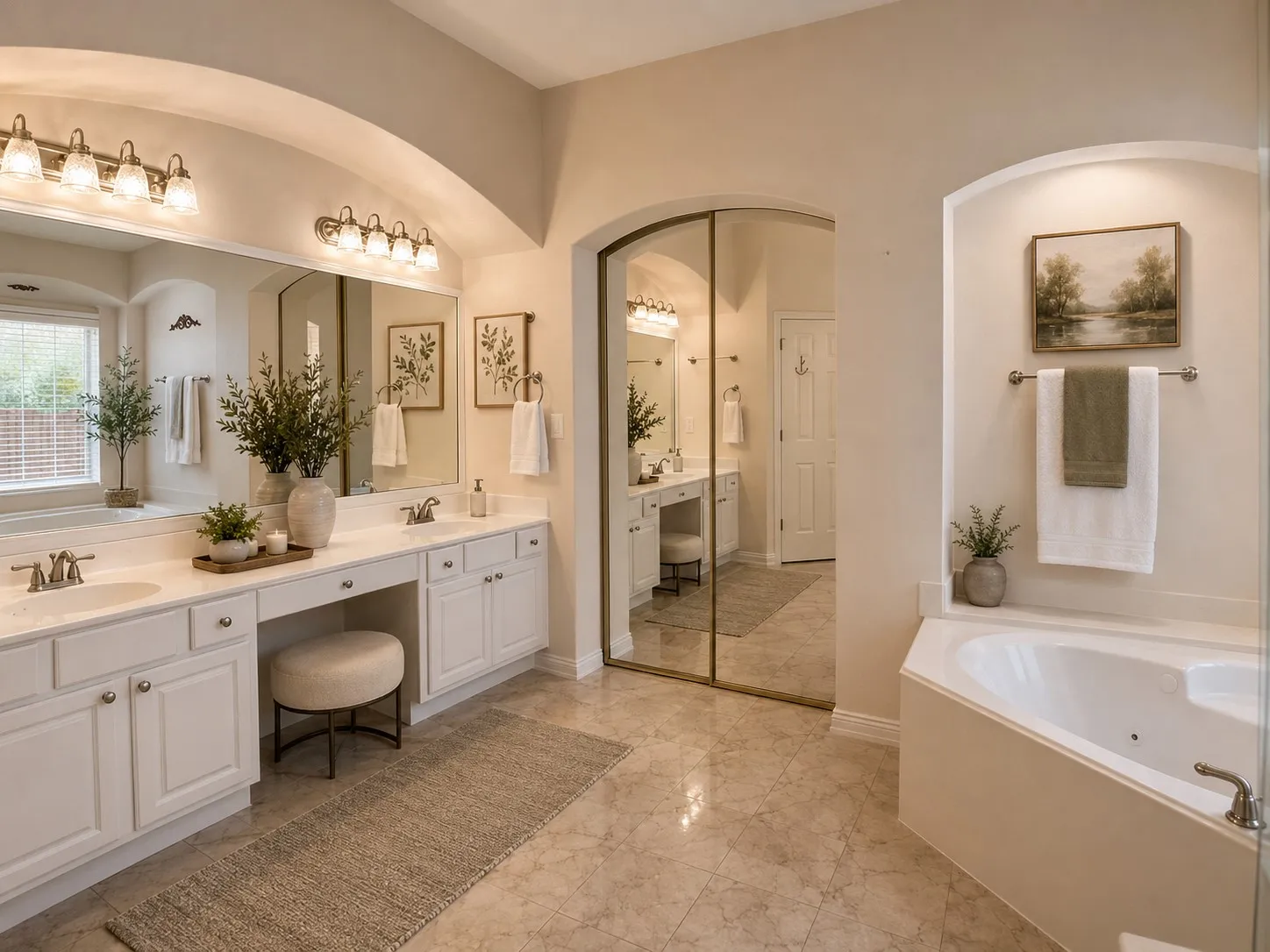 Spacious bathroom featuring dual vanities with white cabinetry and integrated sinks, a built-in makeup area, a corner soaking tub, and tile flooring