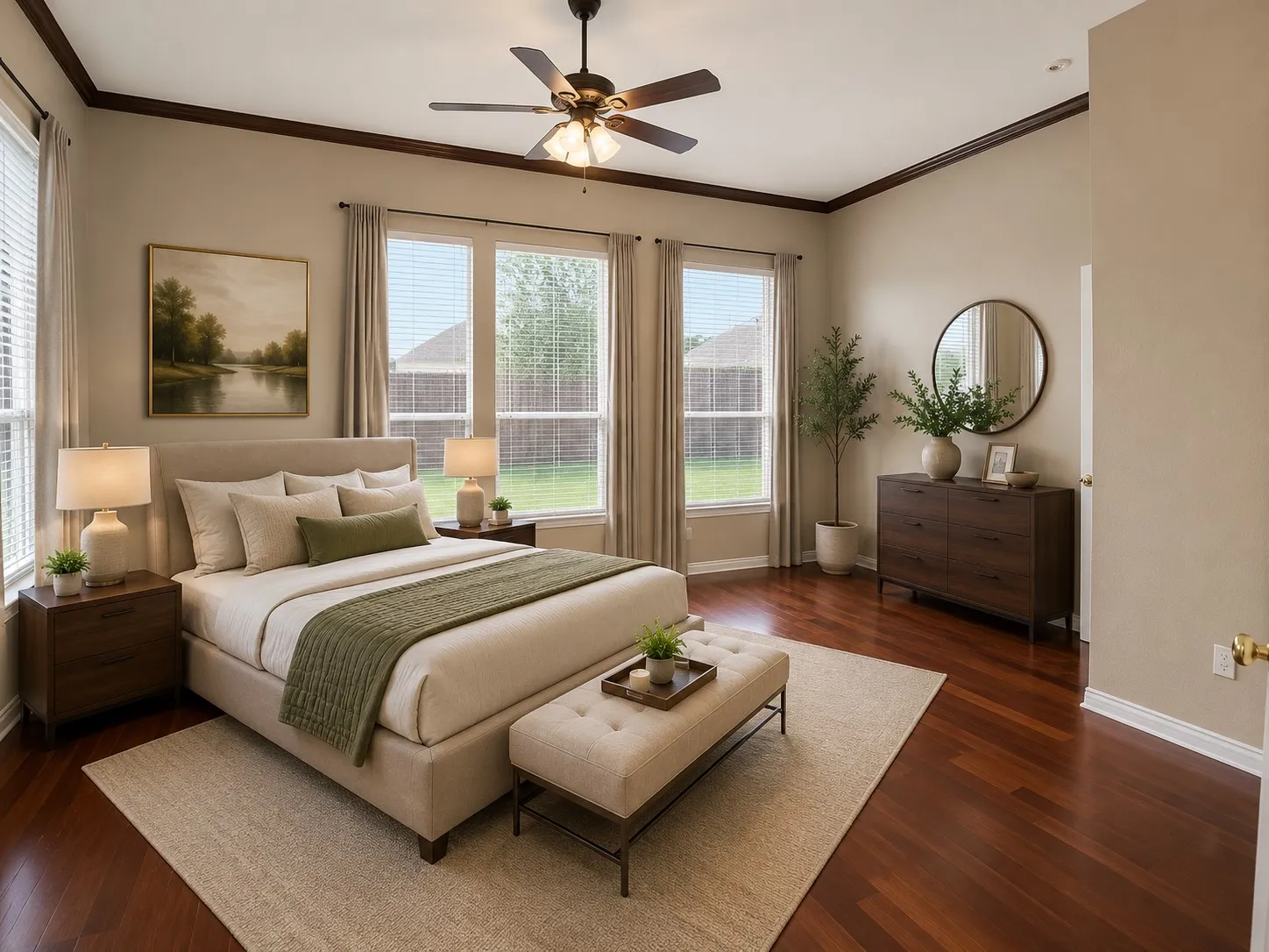 Spacious room featuring wood-finish flooring, tall ceilings with crown molding, and a ceiling fan