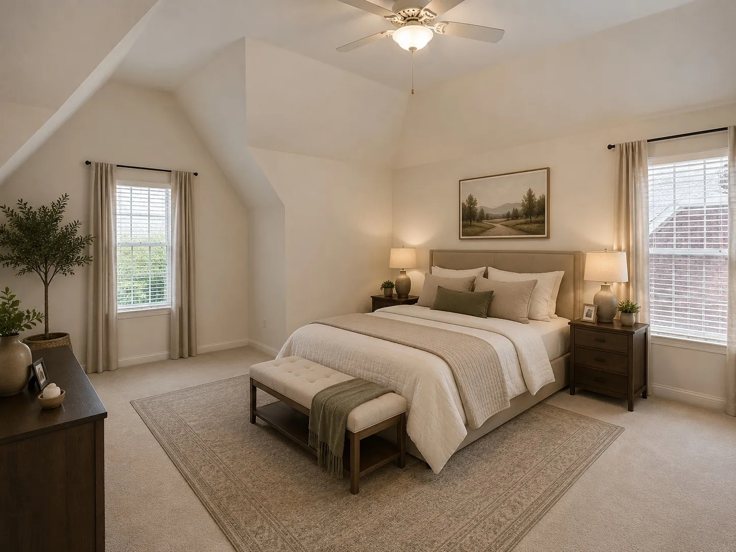 Vaulted ceiling with a ceiling fan and recessed lighting