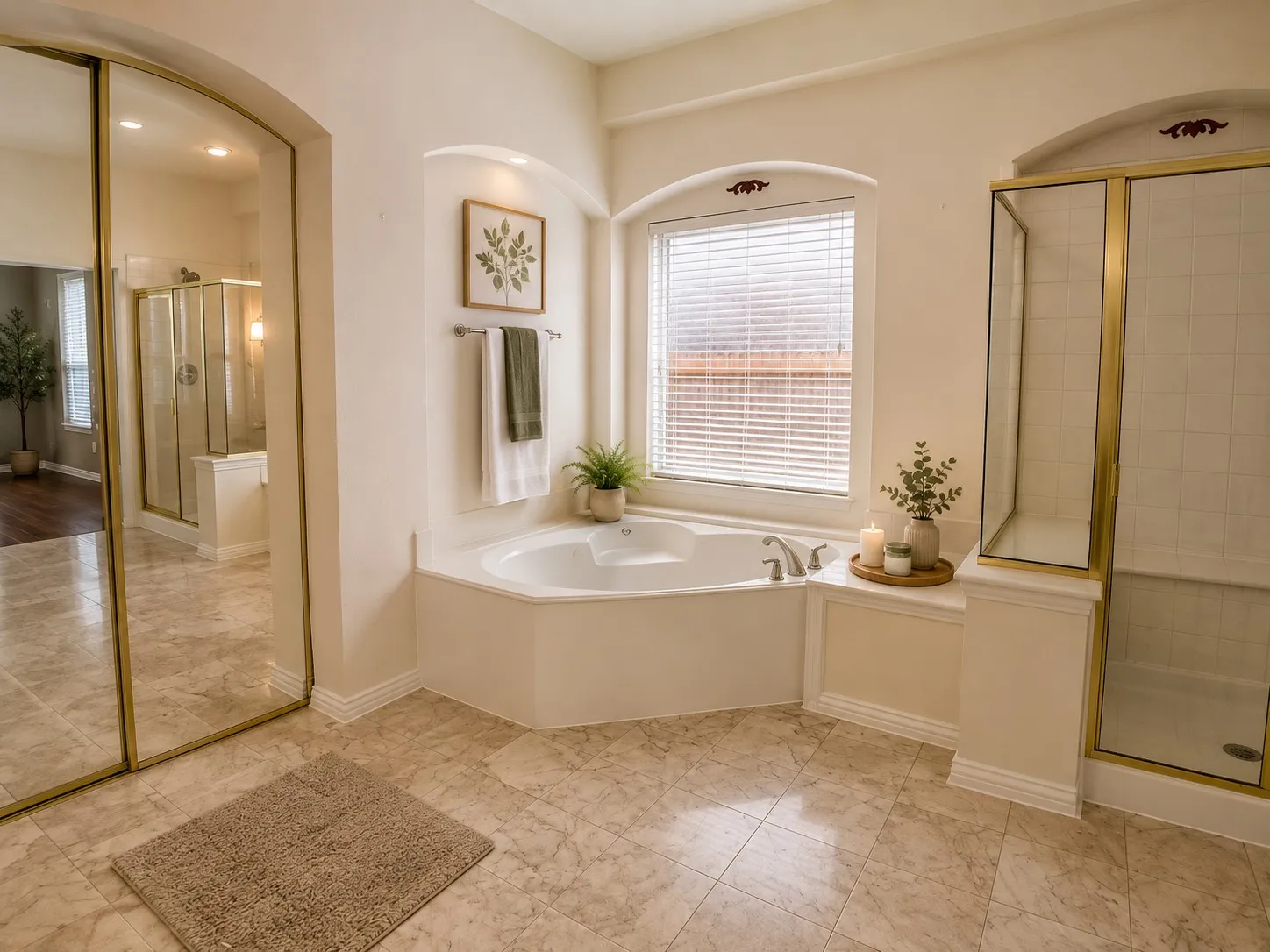 Bathroom featuring a corner soaking tub, a separate glass-enclosed shower with gold-tone framing, and large-format tile flooring