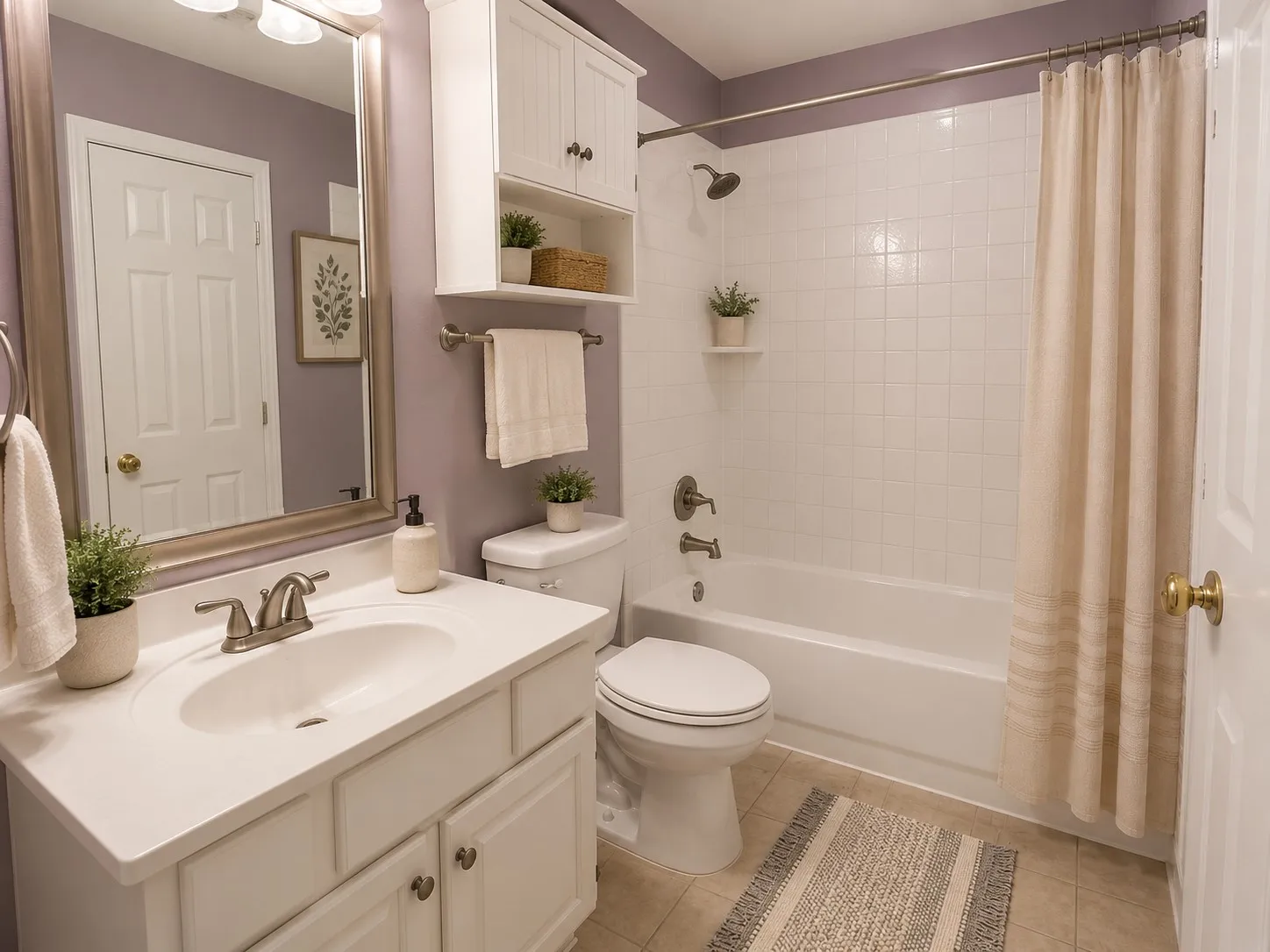 Bathroom featuring a white vanity with integrated sink, brushed nickel faucet, wall-mounted mirror with overhead lighting, white subway tile shower surround with a tub, and tile flooring