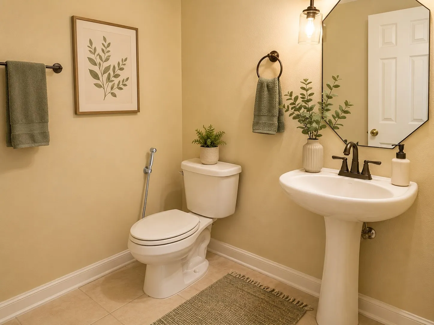 Pedestal sink with bronze-finish faucet, octagonal mirror, and wall-mounted light fixture