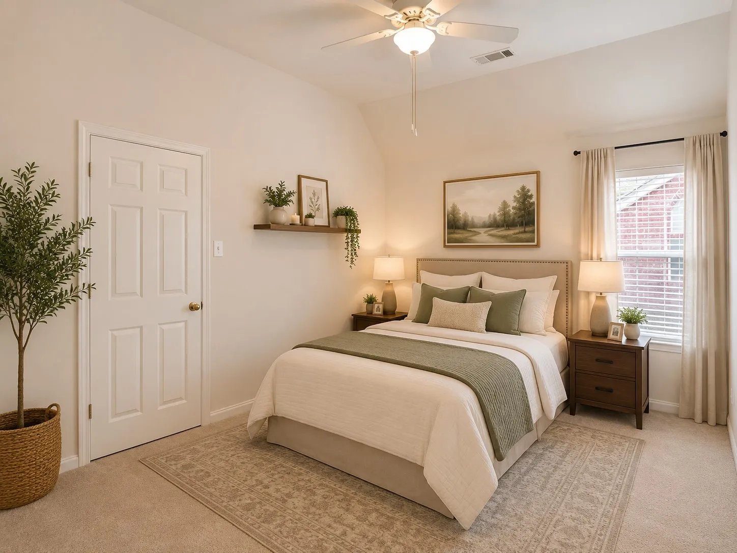 Carpeted room featuring a white paneled door, a window with blinds and drapes, and a ceiling fan with integrated lighting