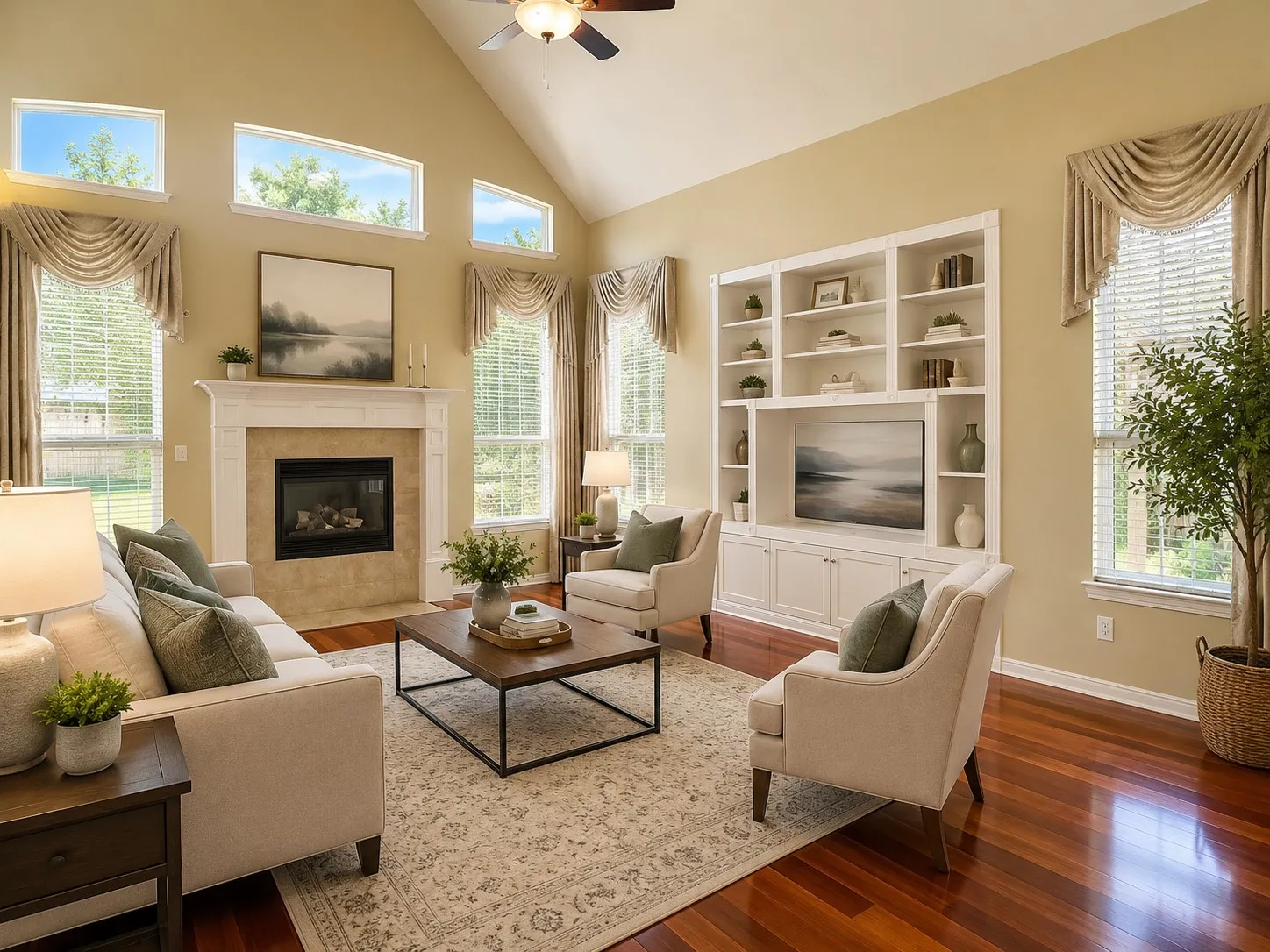 Spacious living area featuring high vaulted ceilings, multiple transom windows, and rich wood-finish flooring