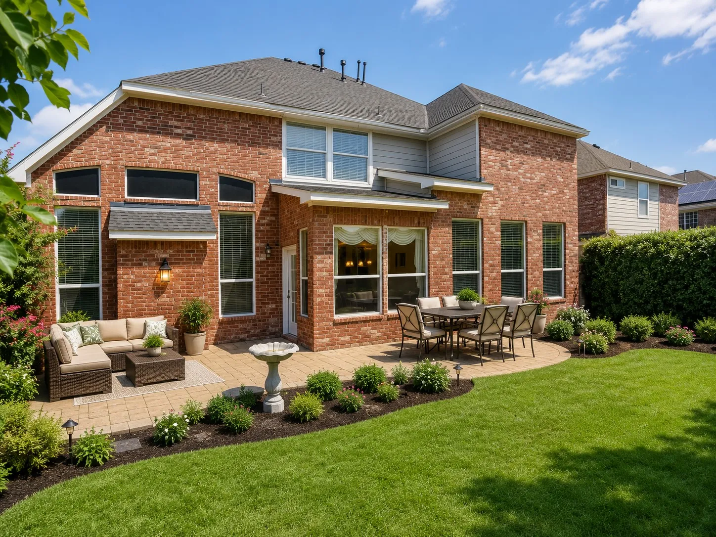 Brick exterior featuring multiple windows and a shingled roof