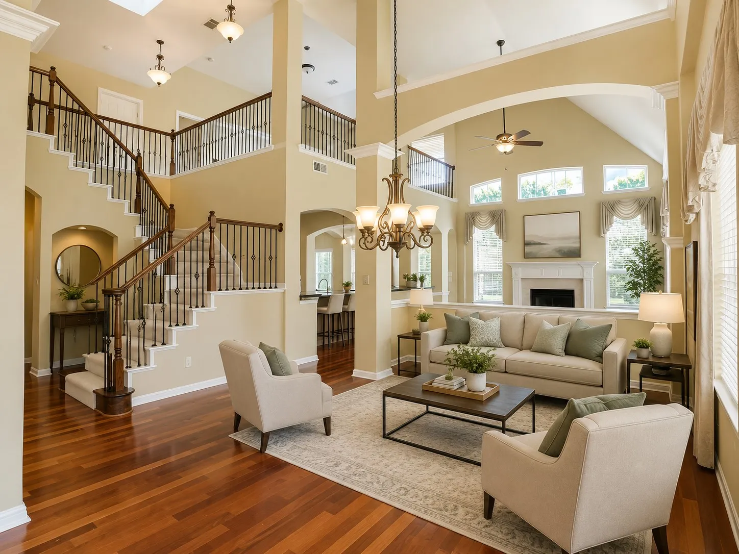 Two-story living area featuring a prominent fireplace with mantel, multiple arched window banks, and a grand staircase with wood railings and wrought iron spindles