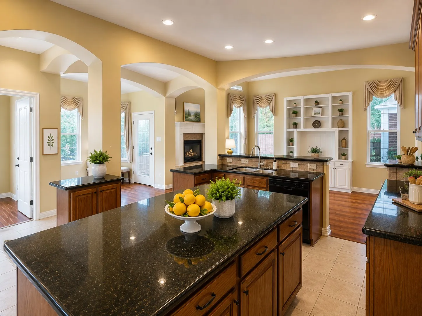 Kitchen featuring a large island with dark stone countertops, wood-finish cabinetry, and recessed lighting