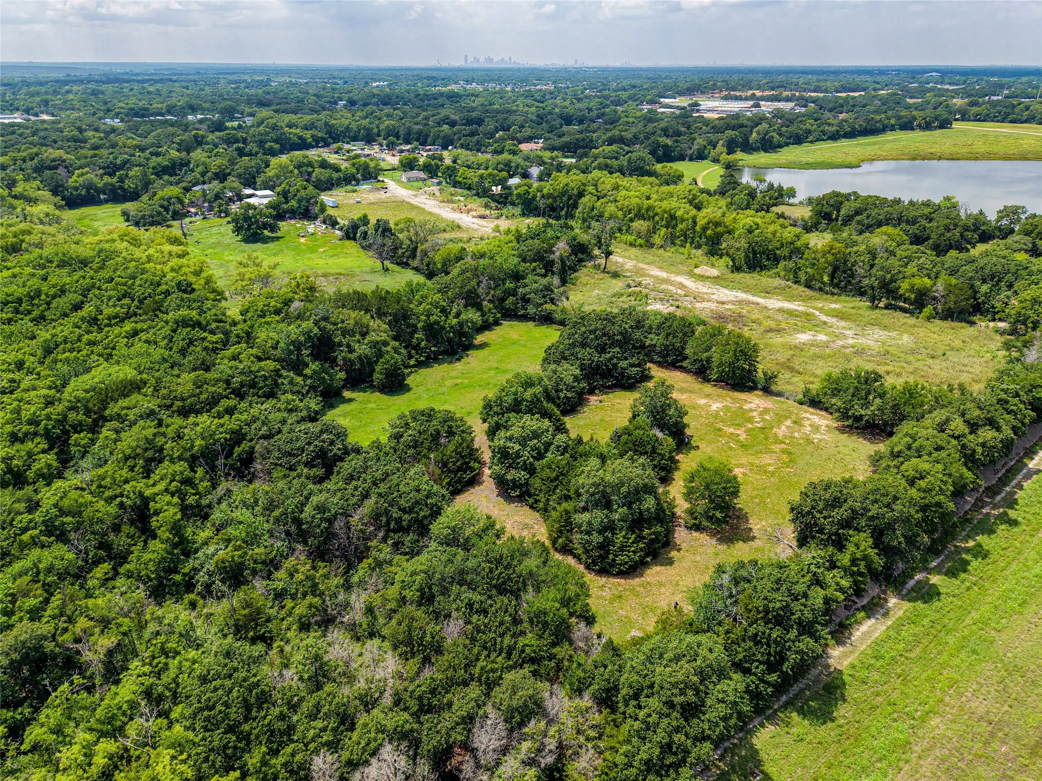 Expansive natural landscape featuring dense tree cover, open grassy areas, a visible body of water, and distant urban skyline