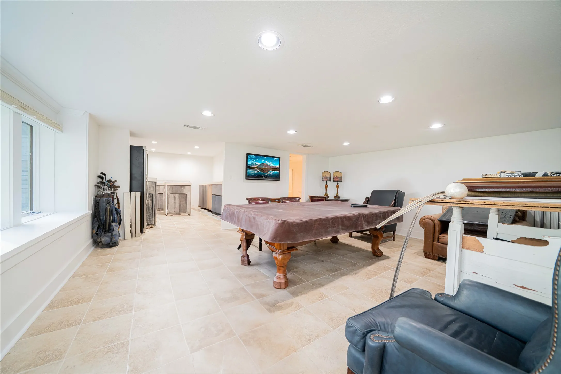 Recreation room with recessed lighting, pool table, and light tile patterned floors