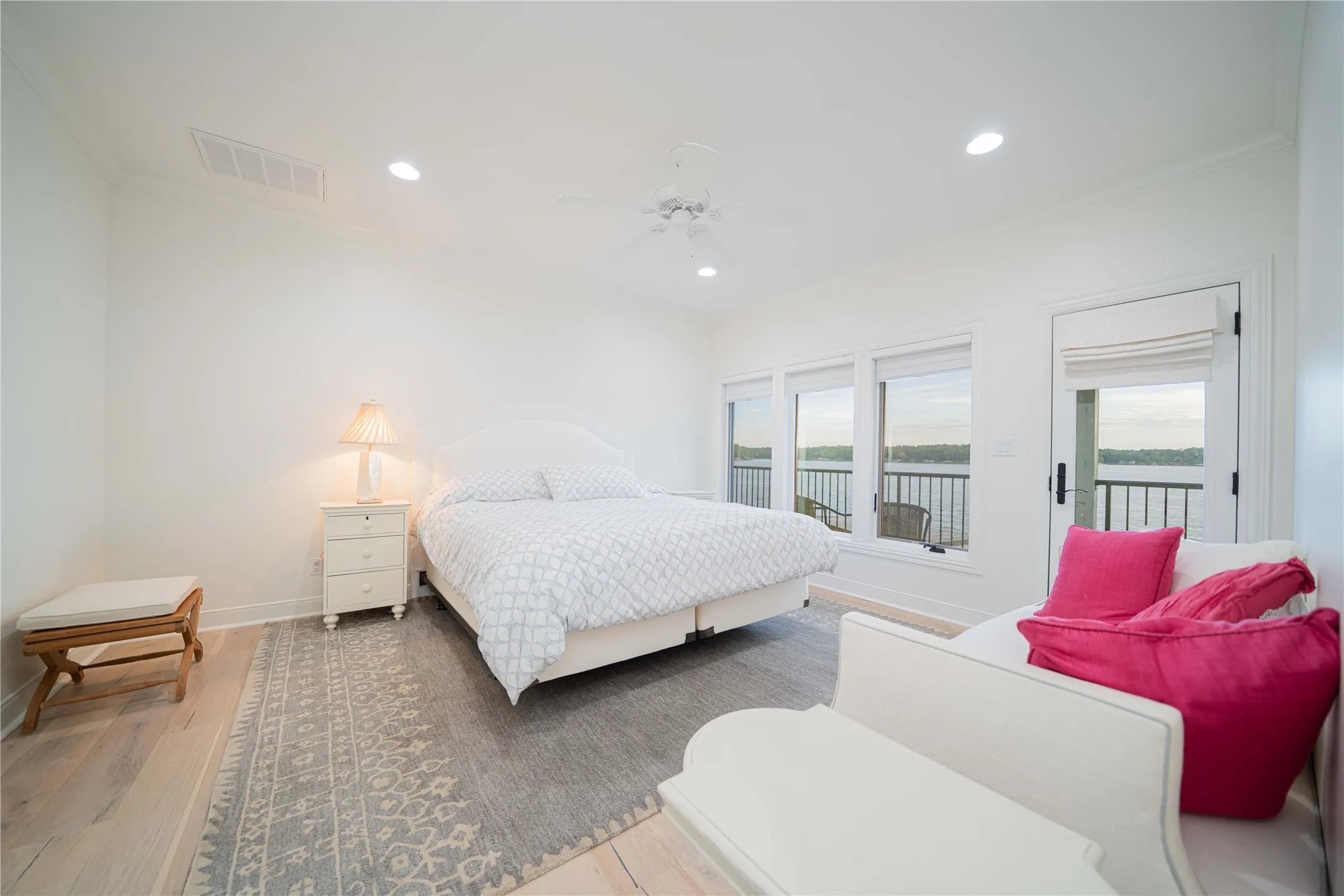 Bedroom featuring crown molding, access to exterior, wood finished floors, recessed lighting, and a ceiling fan