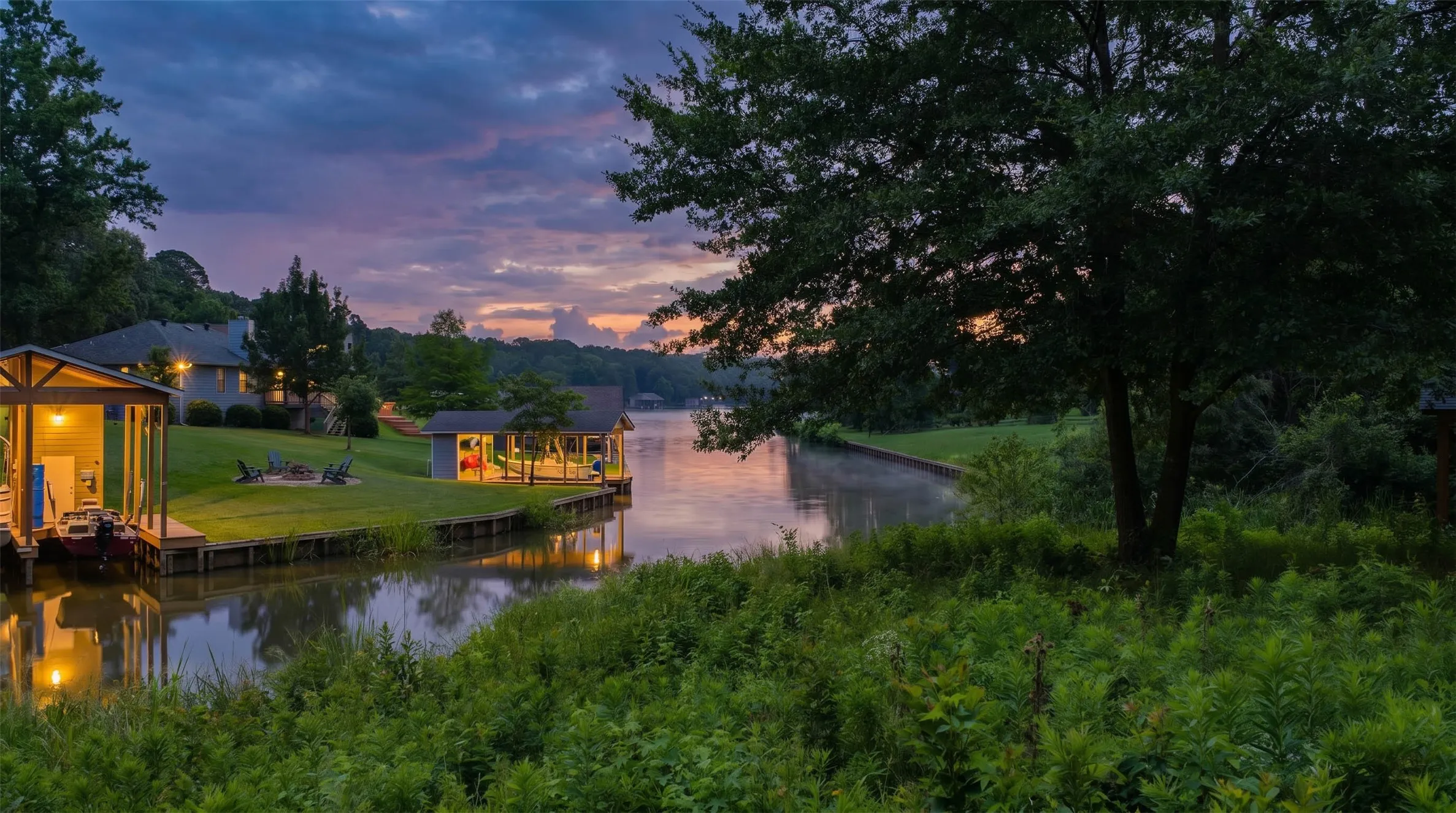 Waterfront property featuring two covered boat docks, a manicured lawn, and lush surrounding foliage