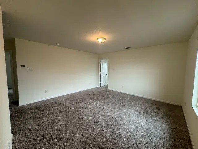 Spacious room featuring neutral carpeting, light-toned walls, and a ceiling-mounted light fixture