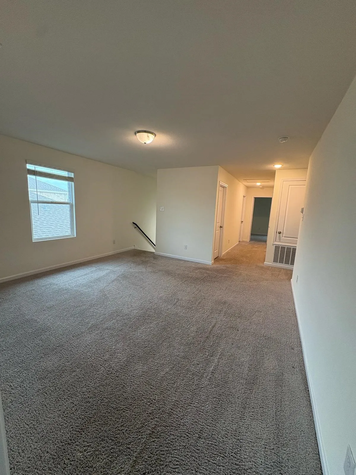 Spacious carpeted room featuring a window with blinds, ceiling-mounted light fixture, and white painted walls and trim