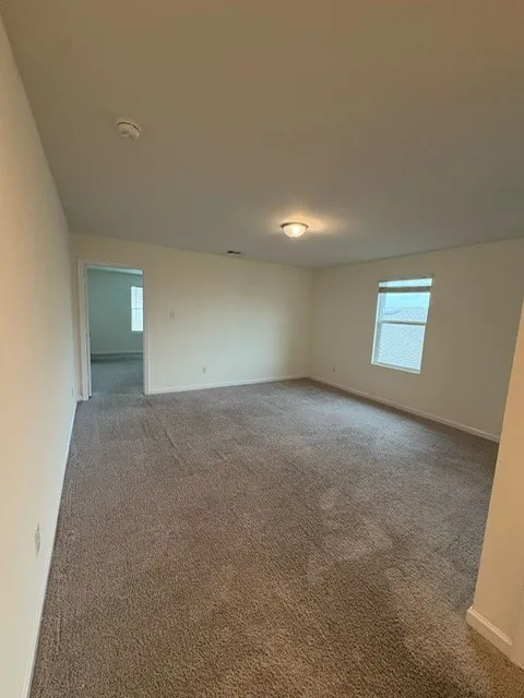 Spacious room featuring neutral carpeting, light-colored walls, and a ceiling-mounted light fixture