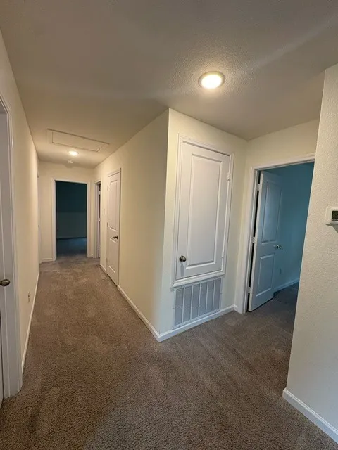 Neutral-toned carpeting throughout a hallway featuring multiple white paneled doors and recessed lighting