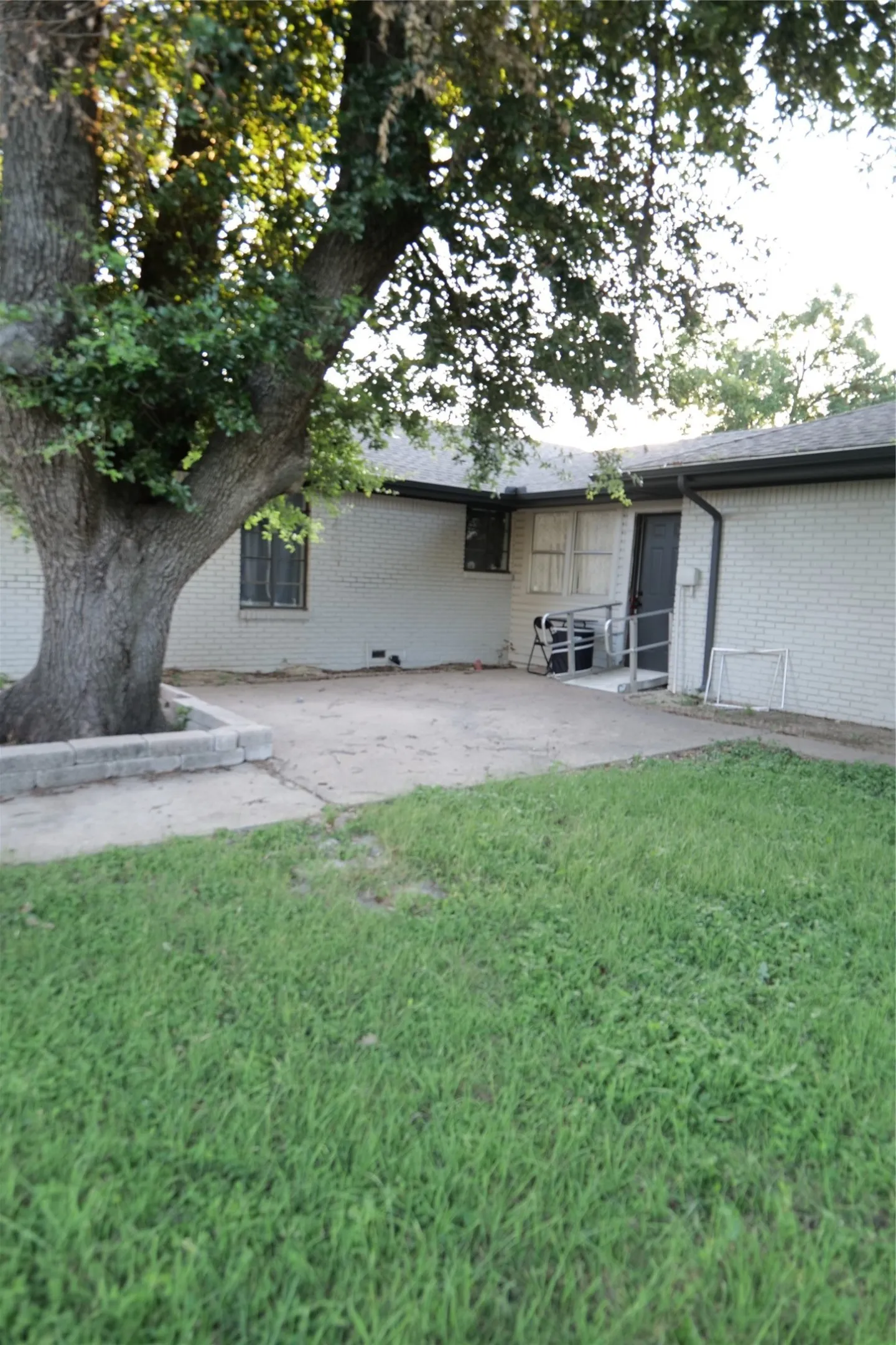 Expansive outdoor area featuring a mature shade tree, a concrete patio, and a grassy lawn