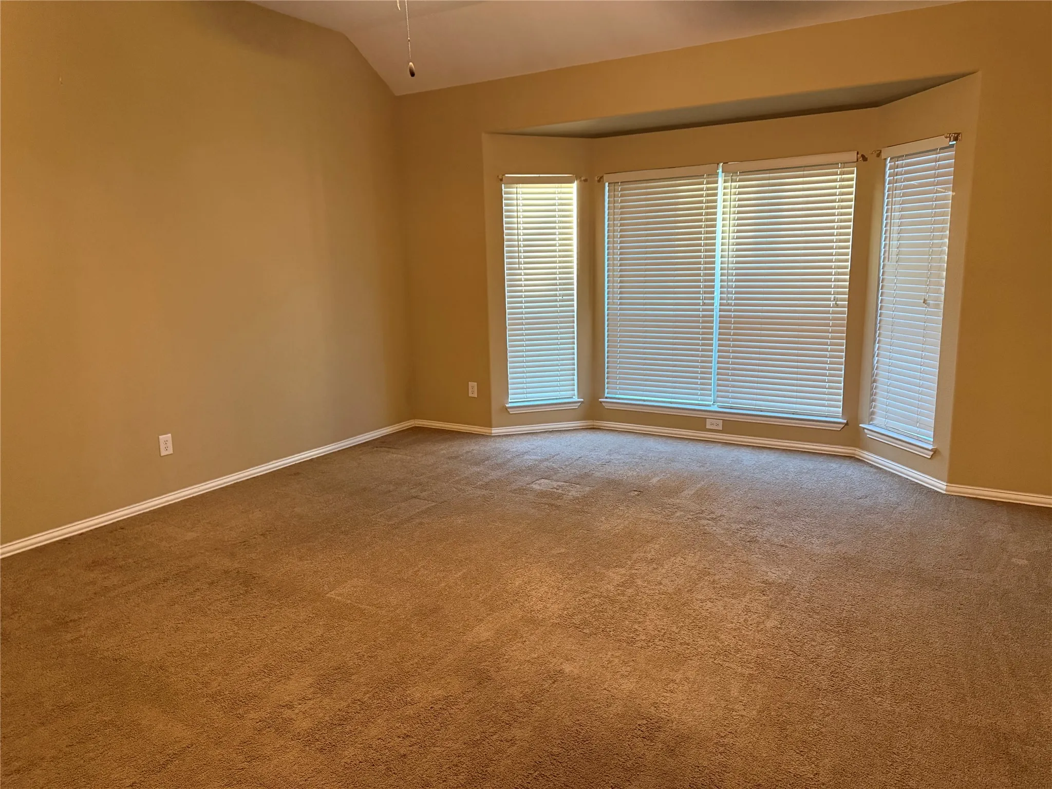 Spacious room featuring a bay window with multiple panels, vaulted ceiling, and neutral carpet flooring