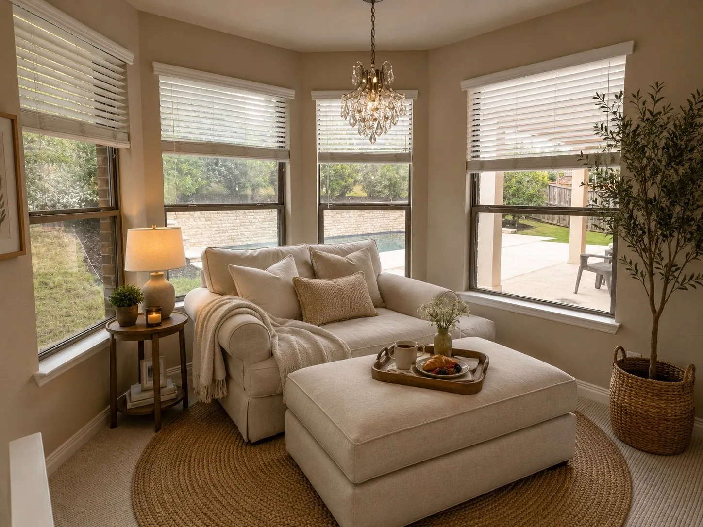 Primary bedroom with a cozy pool view