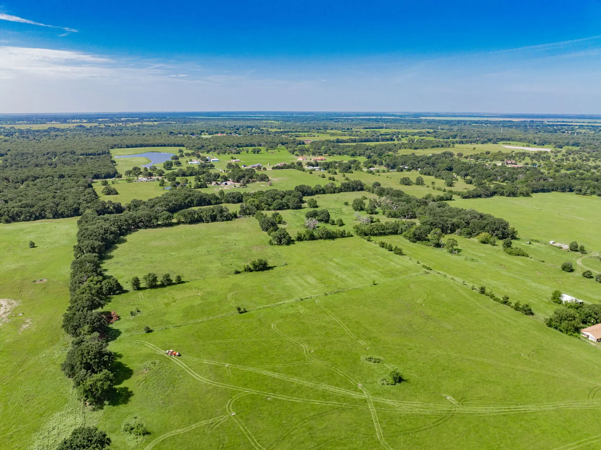 Expansive green pastures with mature tree lines, featuring scattered natural ponds and distant residential structures
