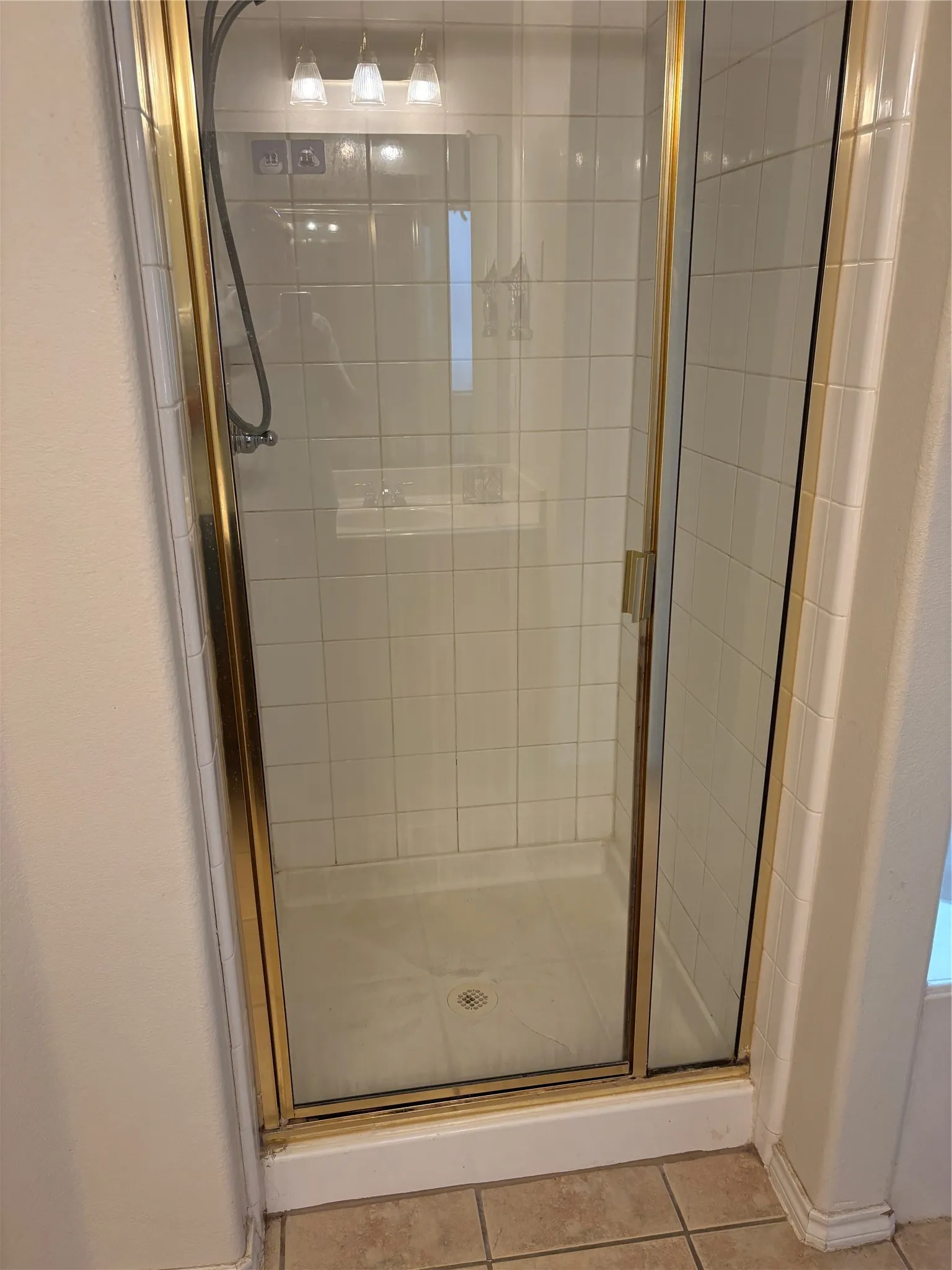 Glass-enclosed shower with gold-tone framing and tiled interior walls