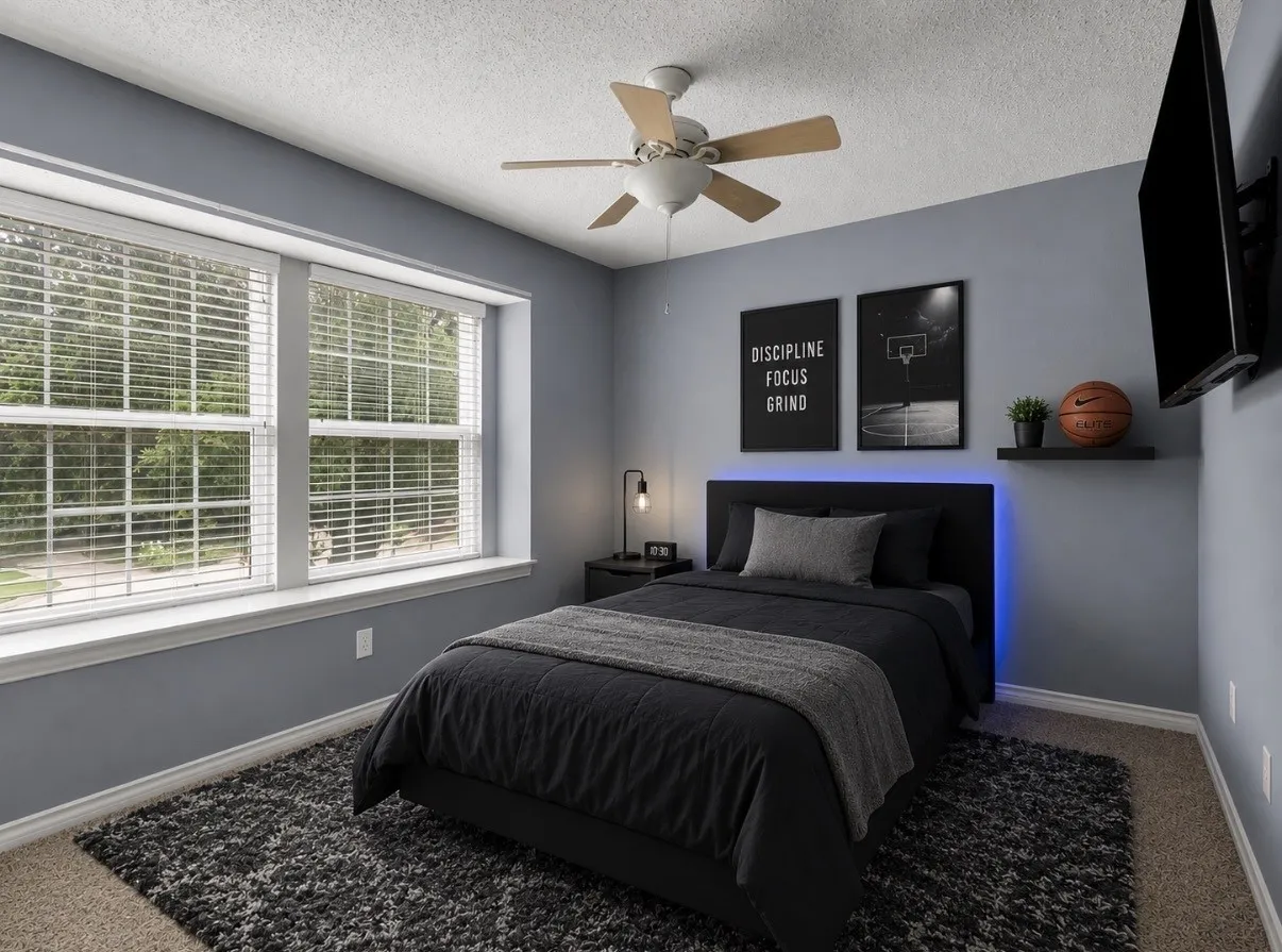 Dual pane windows with blinds, ceiling fan with light fixture, wall-mounted television, and a built-in wall shelf