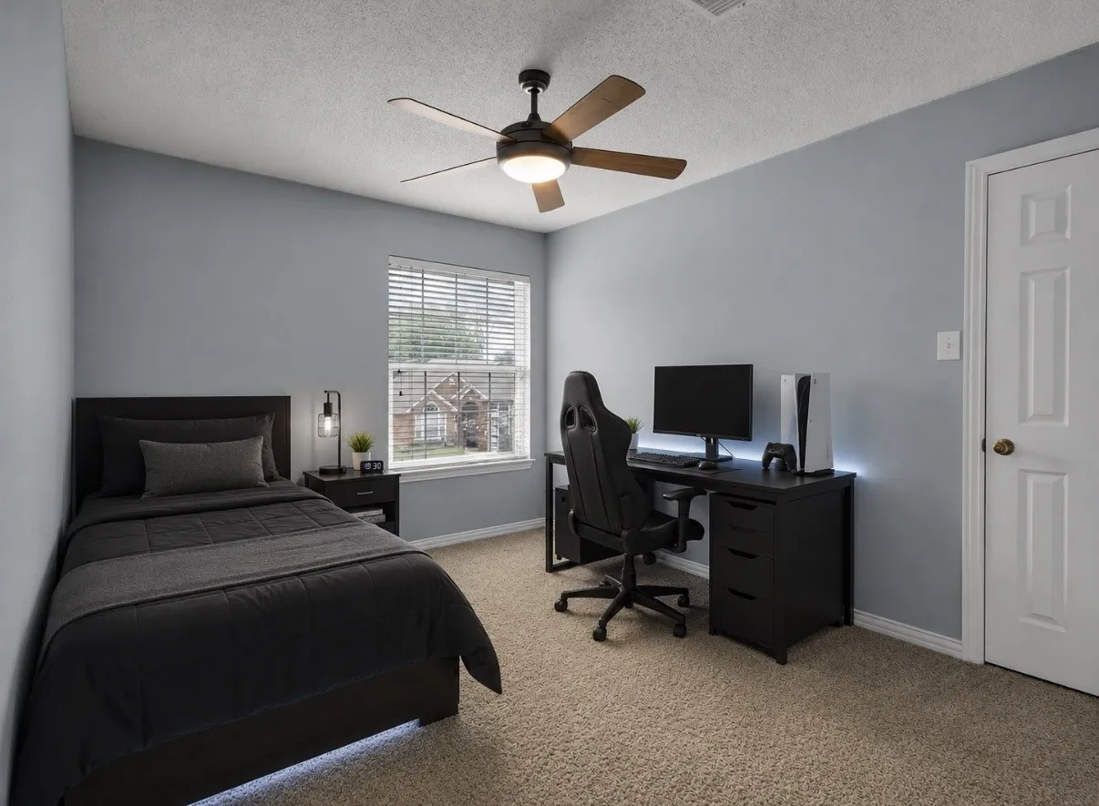 Bedroom featuring a window with blinds, ceiling fan with integrated lighting, and neutral carpeting