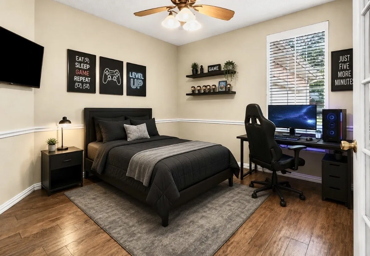Wood-finish flooring, ceiling fan, and window with blinds