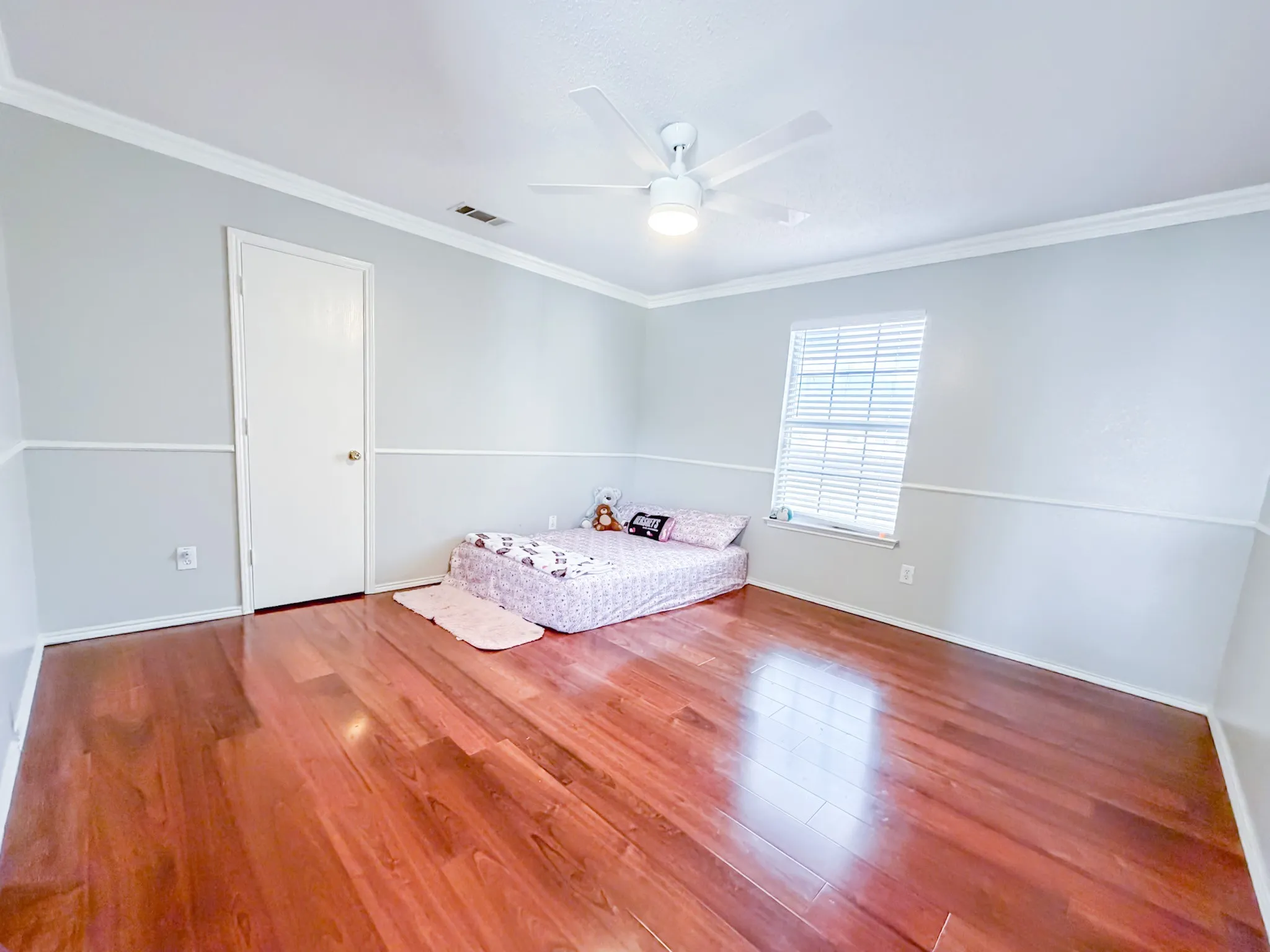 Bright room featuring wood-finish flooring, a white ceiling fan, crown molding, and a single window with blinds