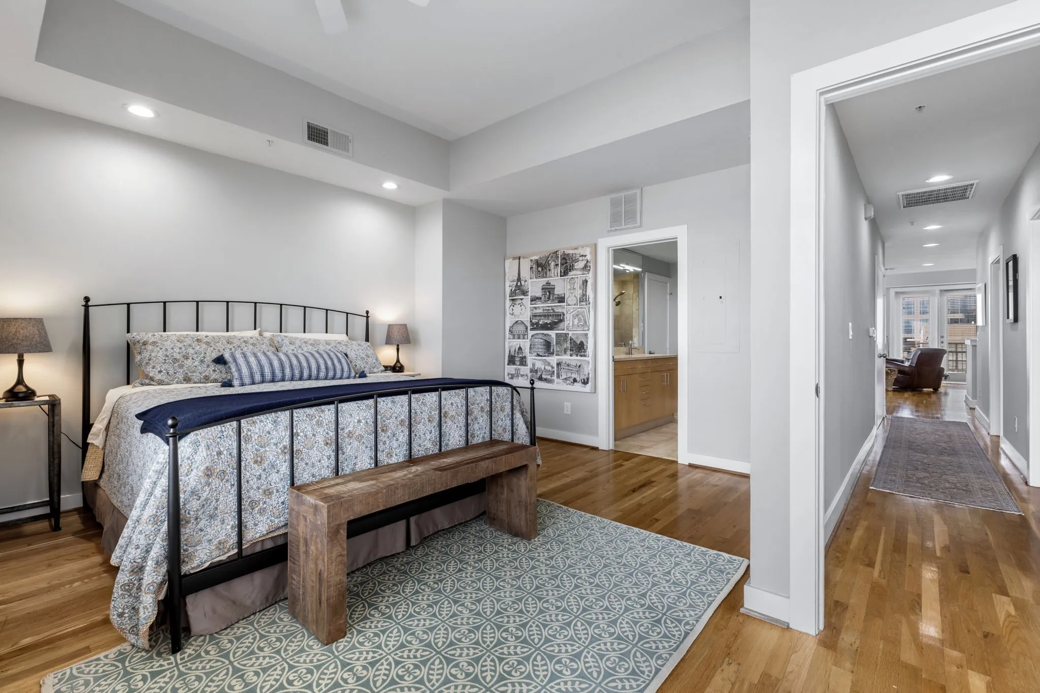 The primary bedroom has room for a sitting area.