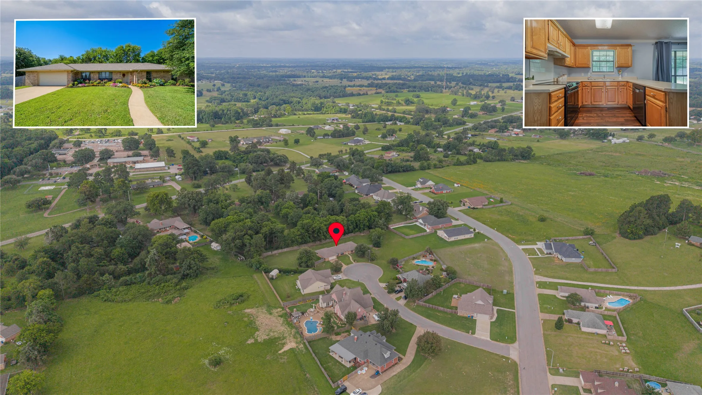 Aerial view showcasing the property within a spacious, green landscape