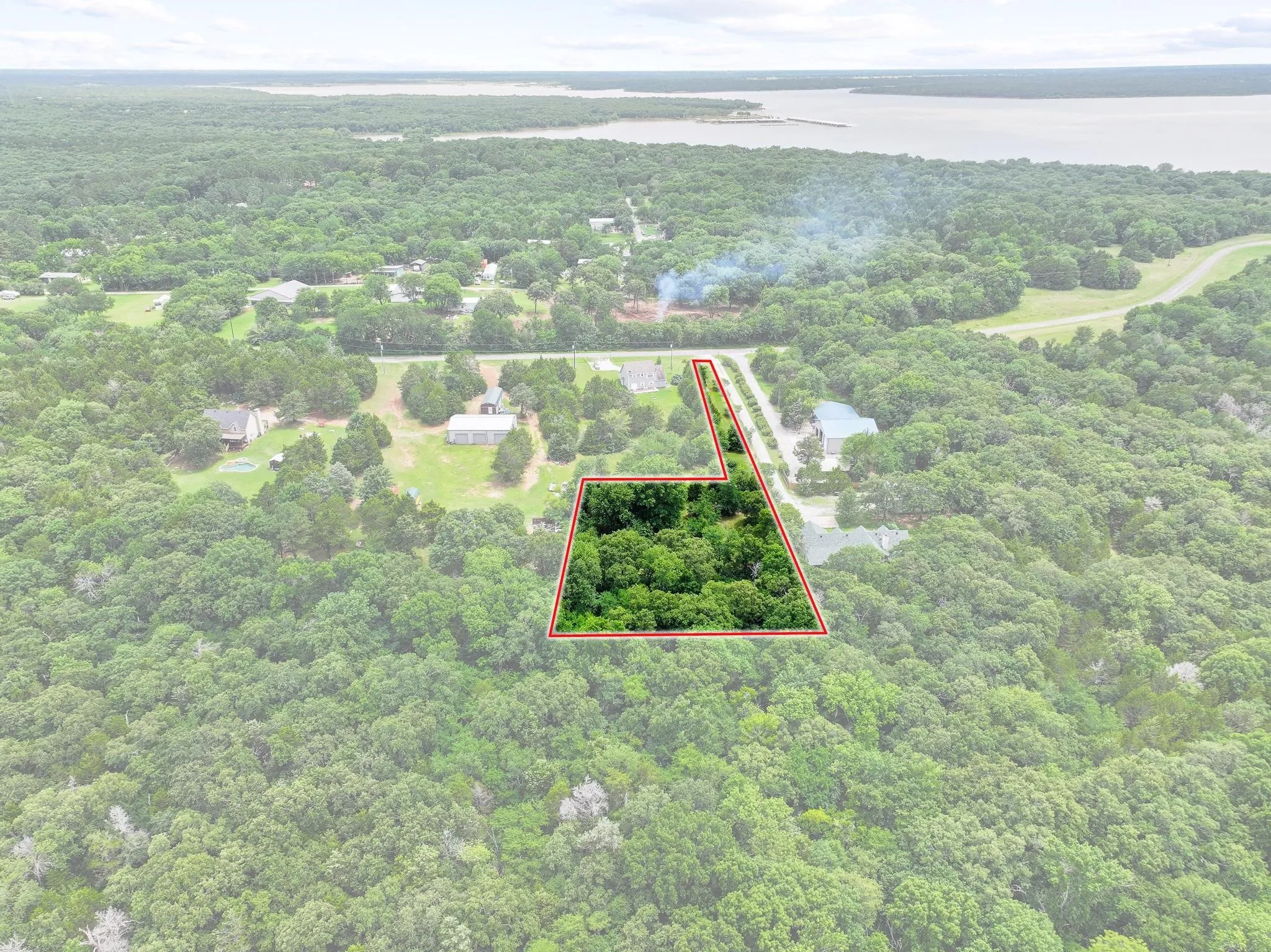 Expansive wooded lot outlined in red, featuring mature trees and bordering a paved road