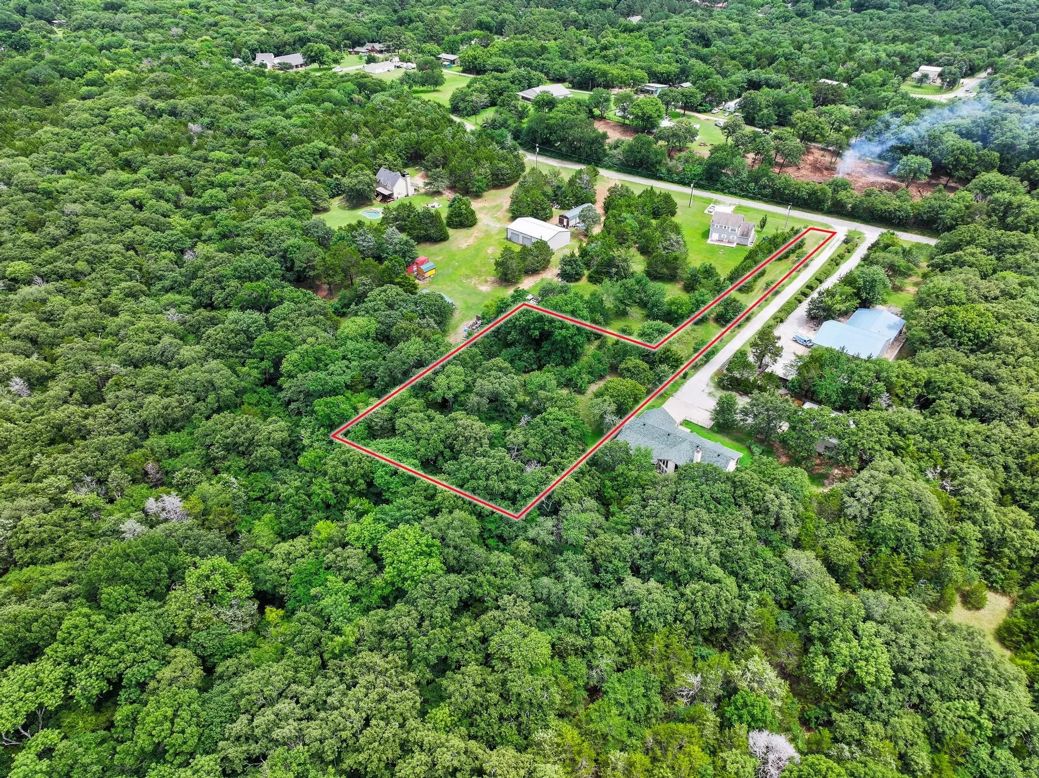 Expansive wooded acreage featuring mature trees and a residential structure