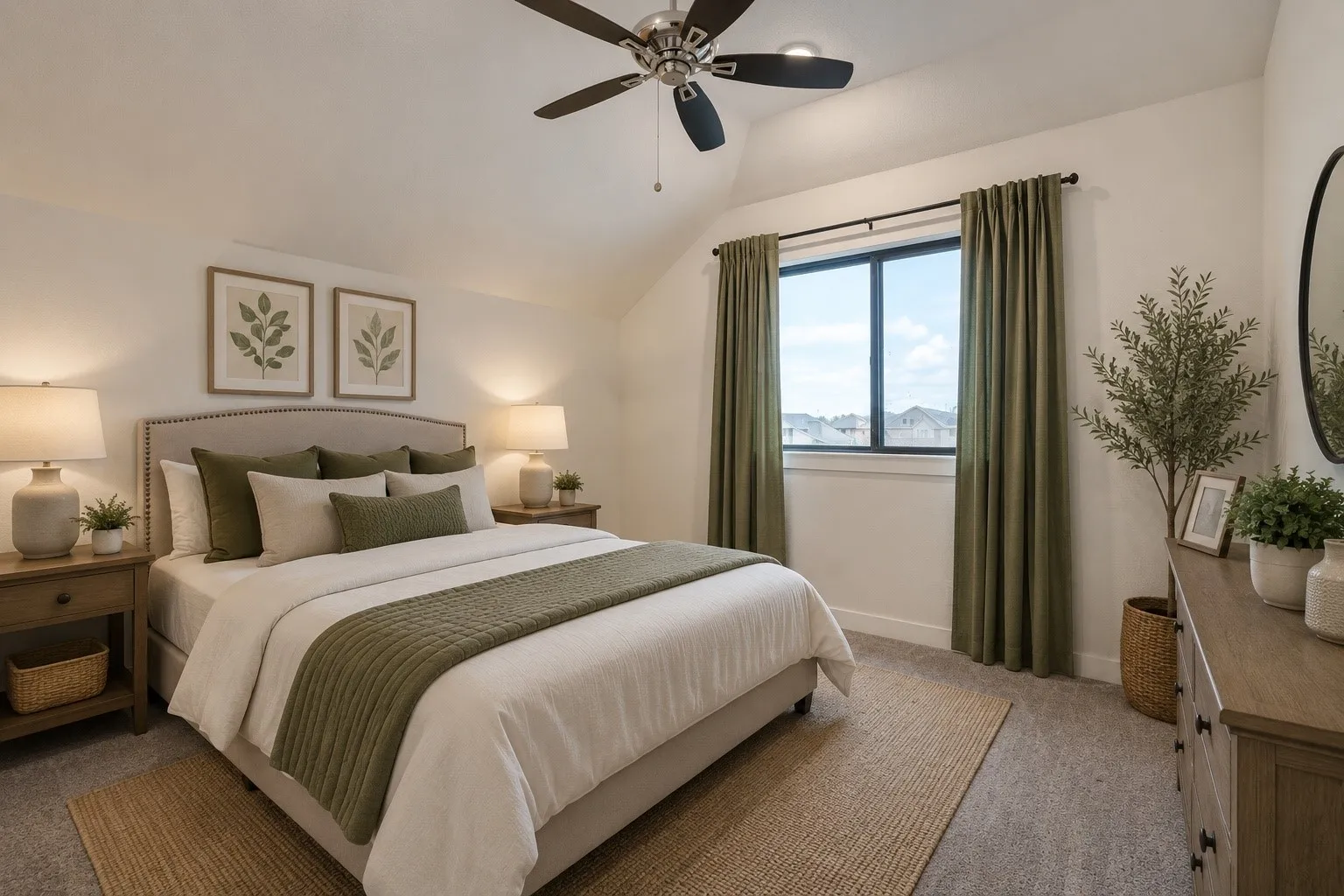 Bedroom featuring an upholstered headboard, a ceiling fan with integrated lighting, a large window with drapery, and neutral carpeting