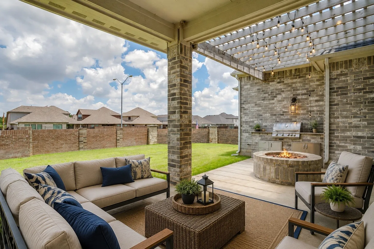 Covered patio featuring an outdoor kitchen with a built-in grill, a stone fire pit, a pergola with string lighting, and brick columns