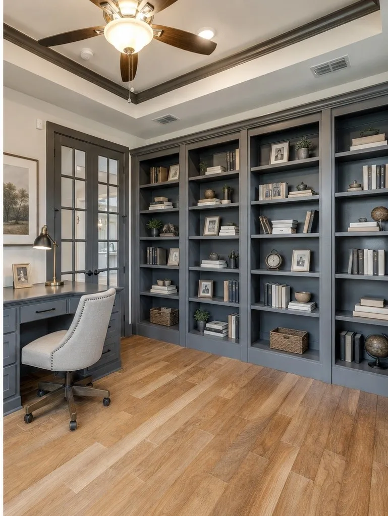 Built-in custom cabinetry with extensive shelving, French doors with glass panels, wood-finish flooring, and a ceiling fan with integrated lighting