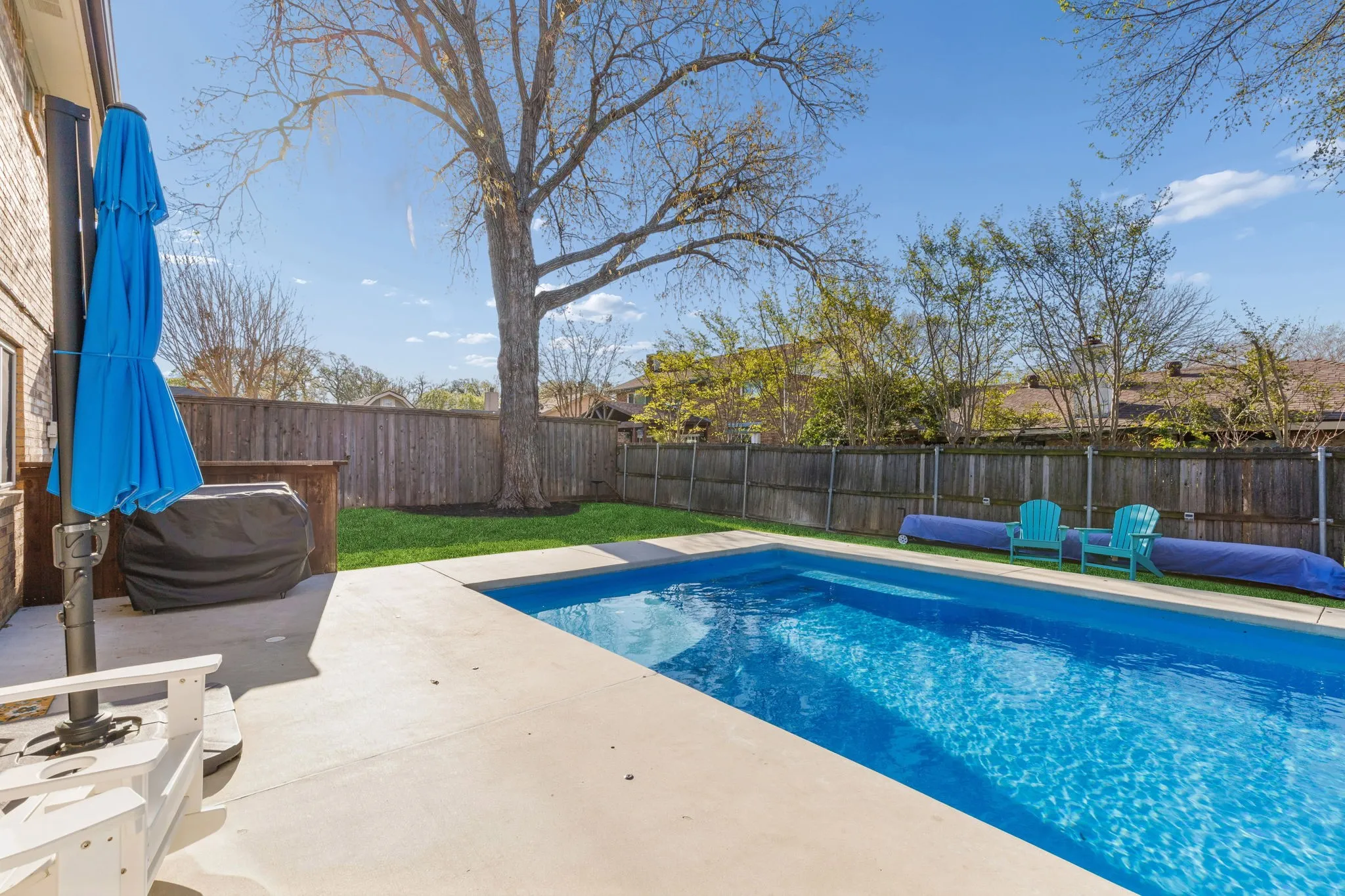 View of swimming pool with a fenced backyard and patio surround